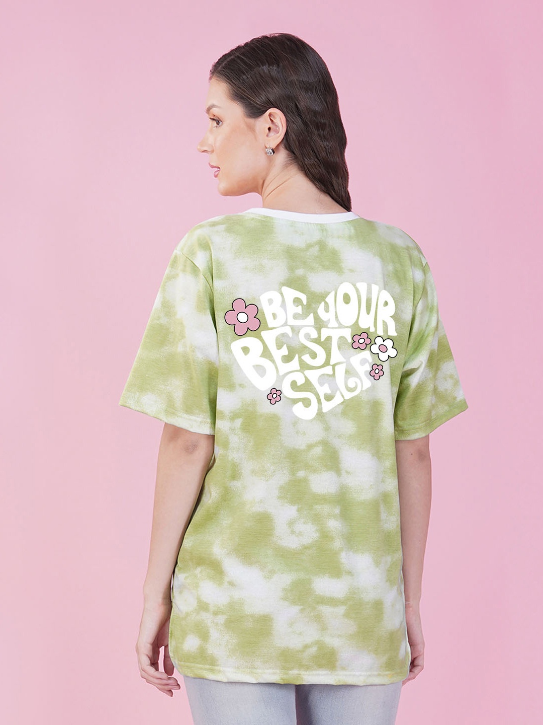 

NUSYL Boxy Tie & Dye Round Neck Drop Shoulder Cotton T-shirt, Green