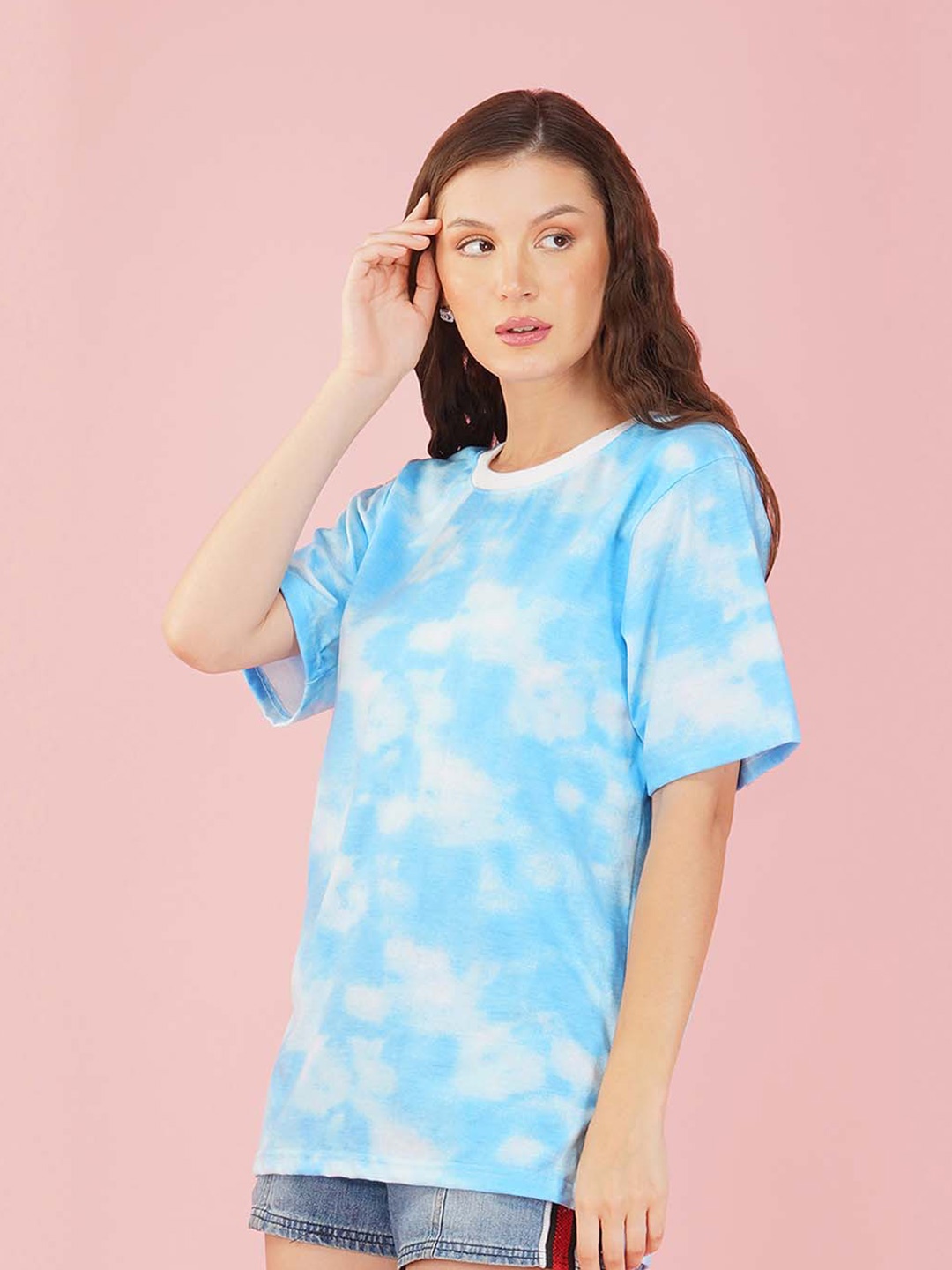 

NUSYL Tie and Dyed Drop Shoulder Sleeves Oversized T-shirt, Blue