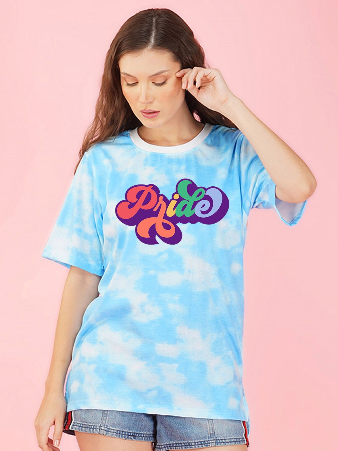 

NUSYL Women Pride Printed Dyed Boxy T-shirt, Blue
