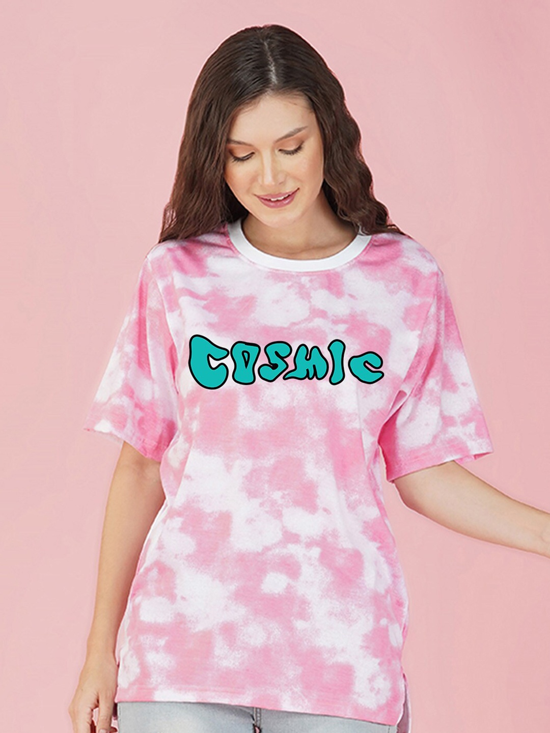 

NUSYL Typography Printed Drop Shoulder Sleeves Round Neck Boxy T-Shirt, Pink