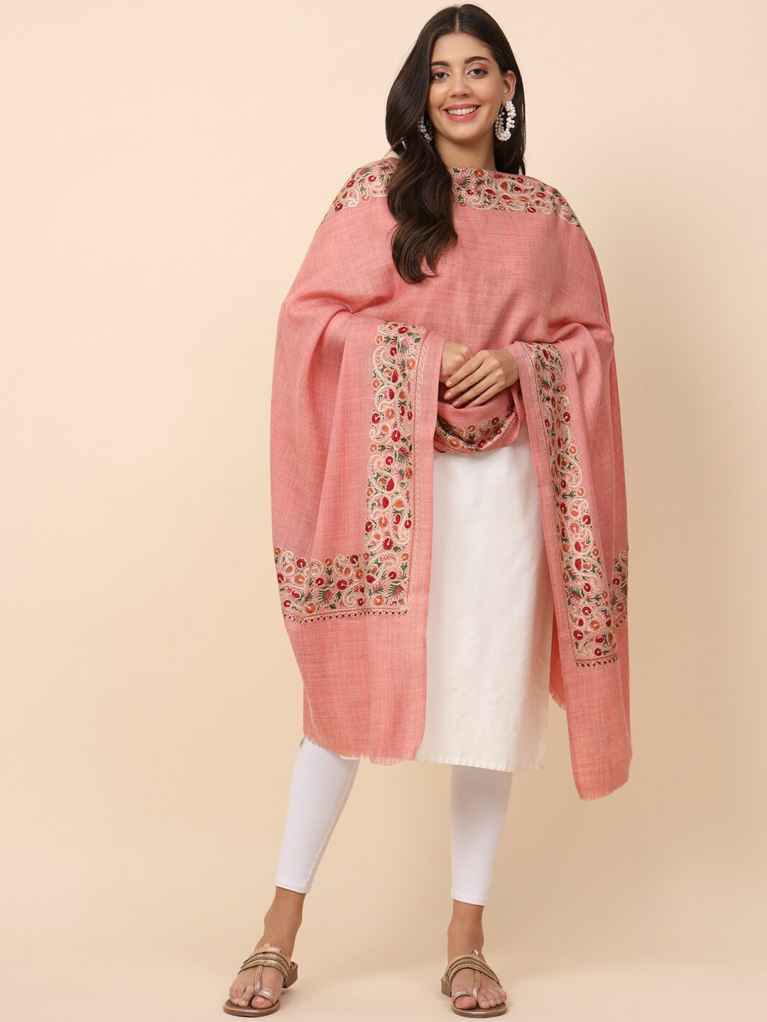 

Pashmoda Floral Embroidered Woolen Shawl, Pink