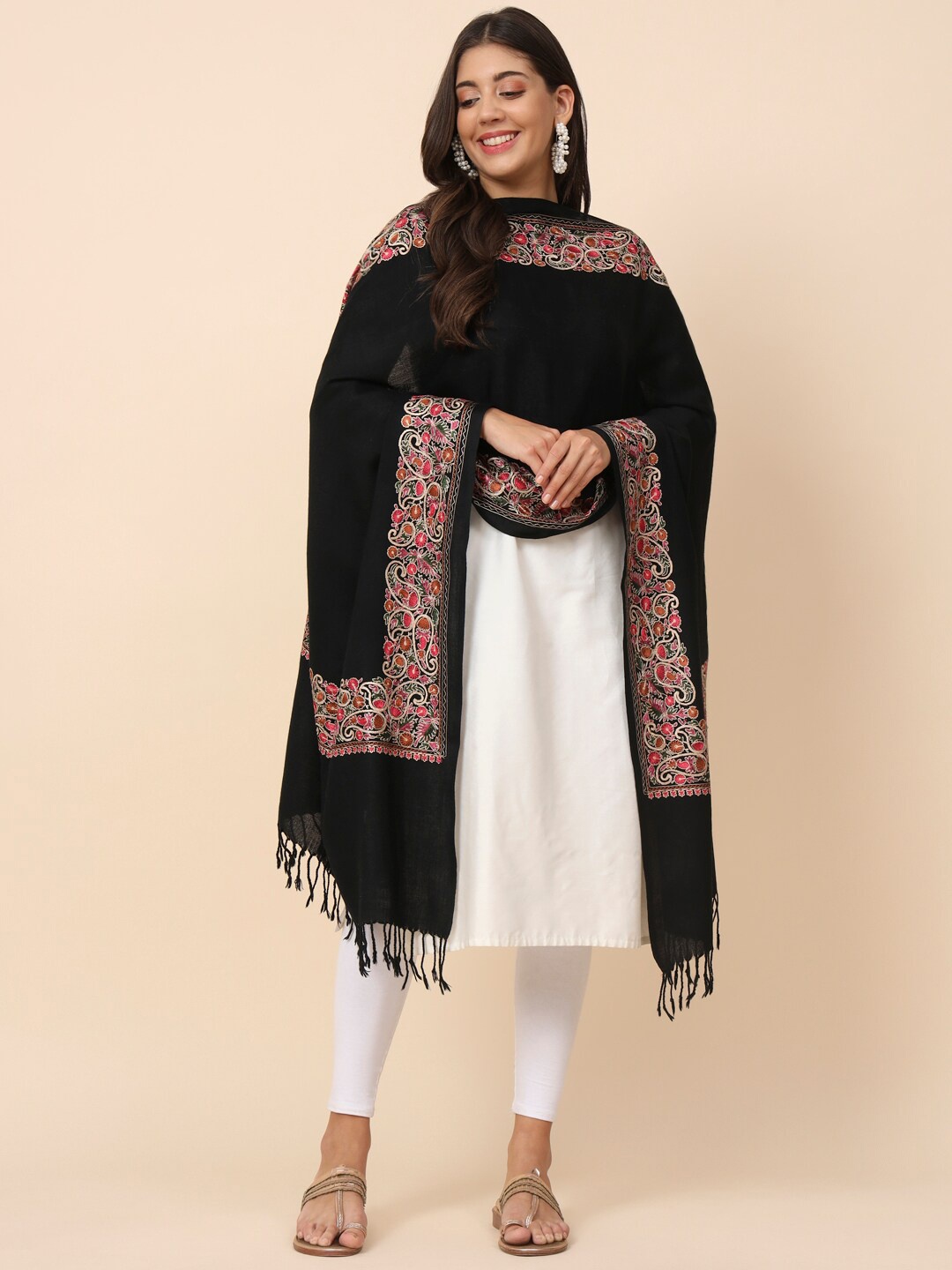 

Pashmoda Embroidered Pure Wool Shawl, Black