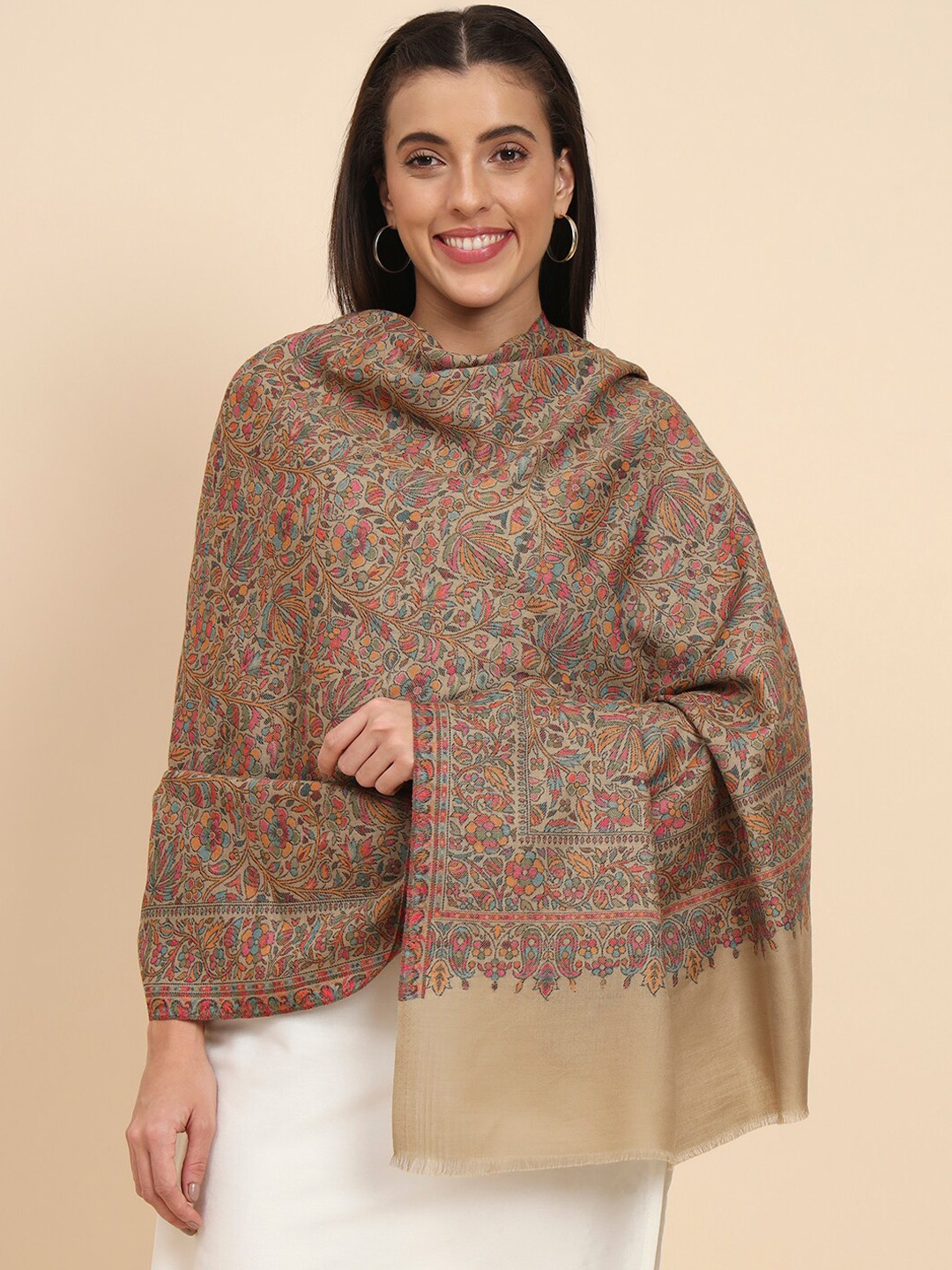 

Pashmoda Floral Woven Design Shawl, Beige