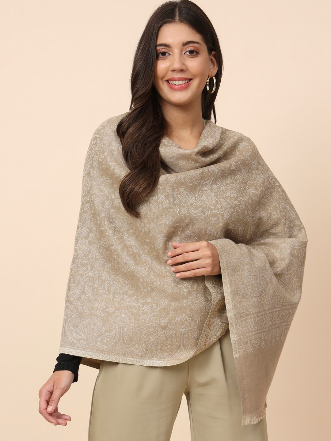 

Pashmoda Ethnic Motifs Woven Design Shawl, Beige