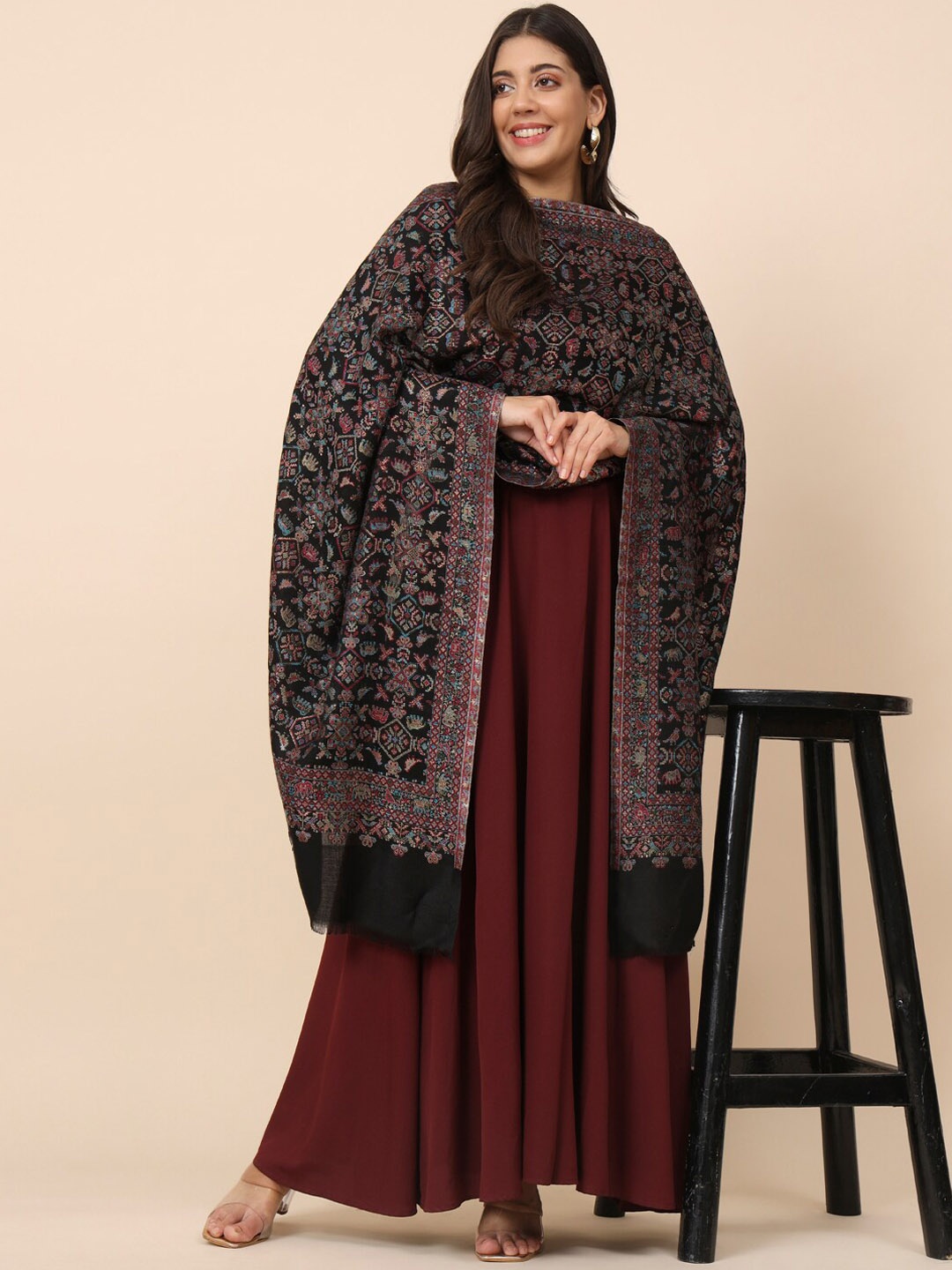 

Pashmoda Ethnic Motifs Woven Design Modal Shawl, Black