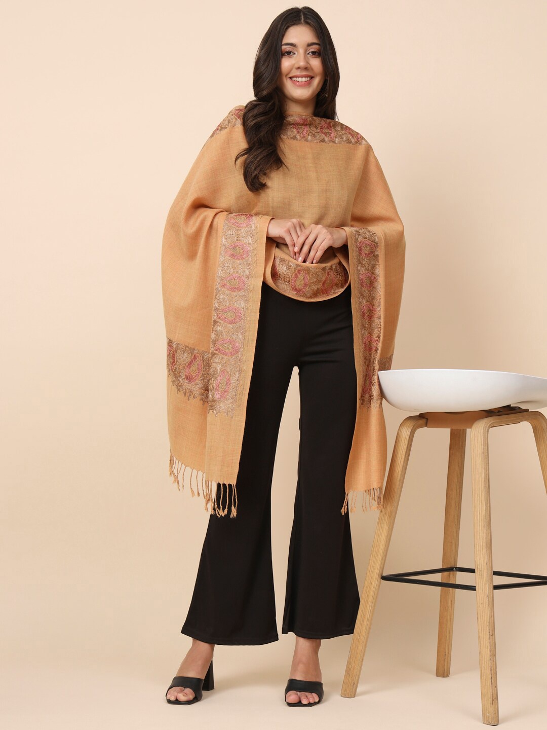 

Pashmoda Ethnic Motifs Embroidered Shawl, Mustard