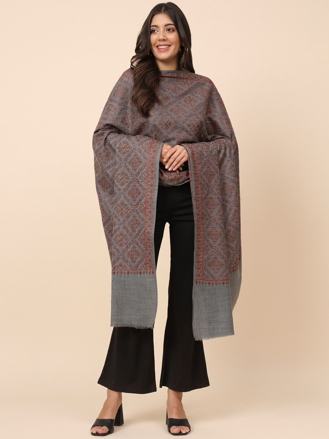 

Pashmoda Ethnic Motifs Embroidered Pure Woolen Shawl, Grey