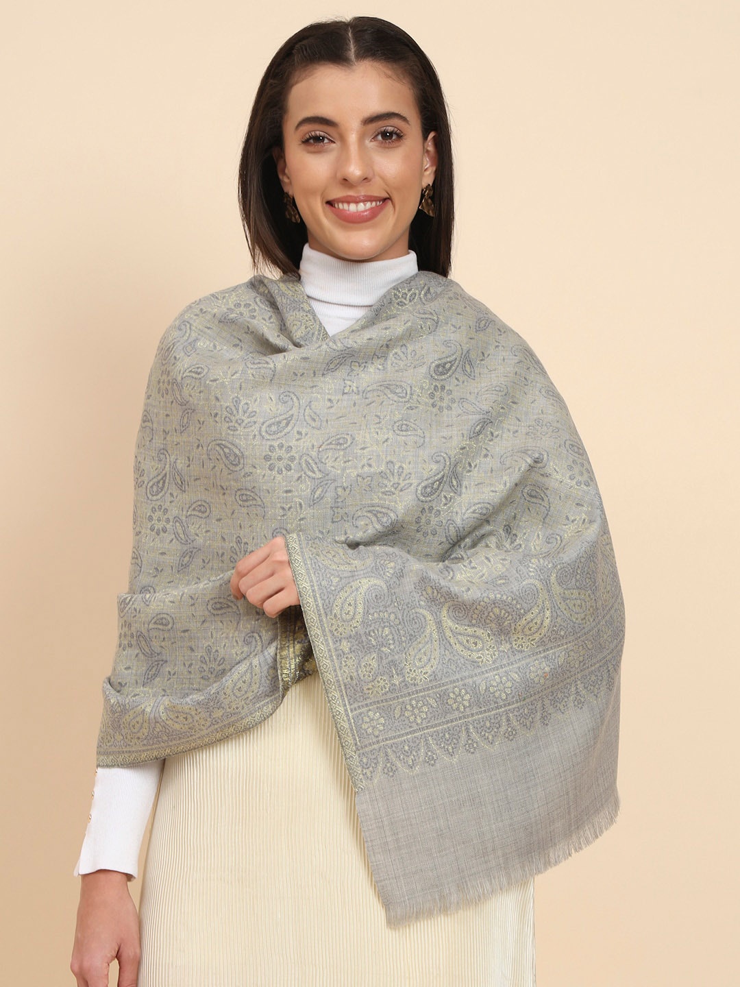 

Pashmoda Zari Woven Design Shawl, Grey