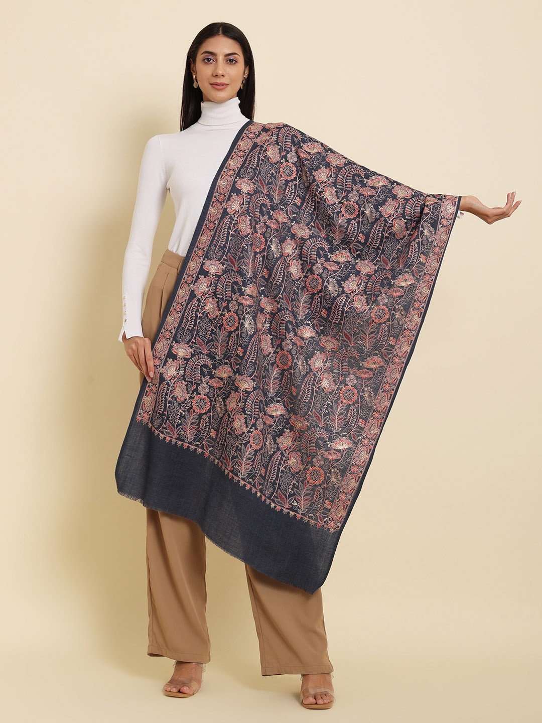 

Pashmoda Embroidered Woolen Shawl, Blue