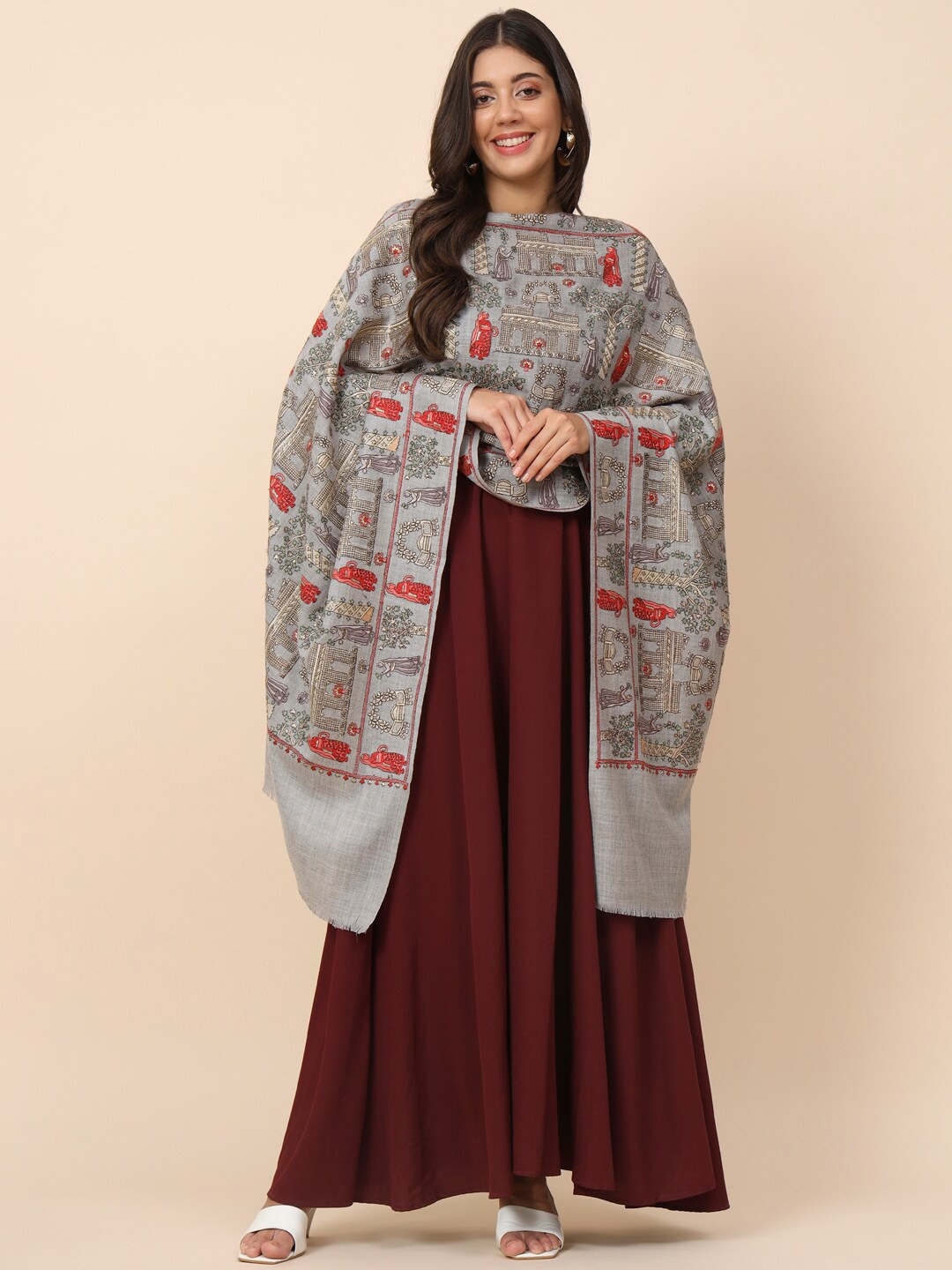 

Pashmoda Ethnic Motifs Embroidered Woolen Shawl, Grey