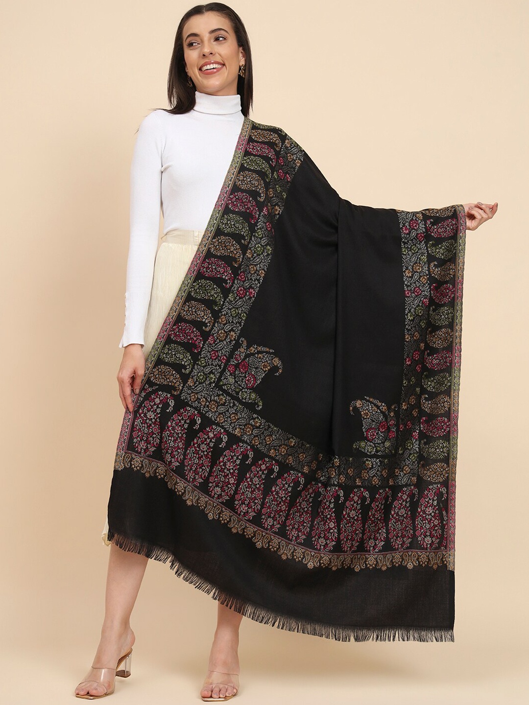 

Pashmoda Kaani Paisley Woven Design Shawl, Black