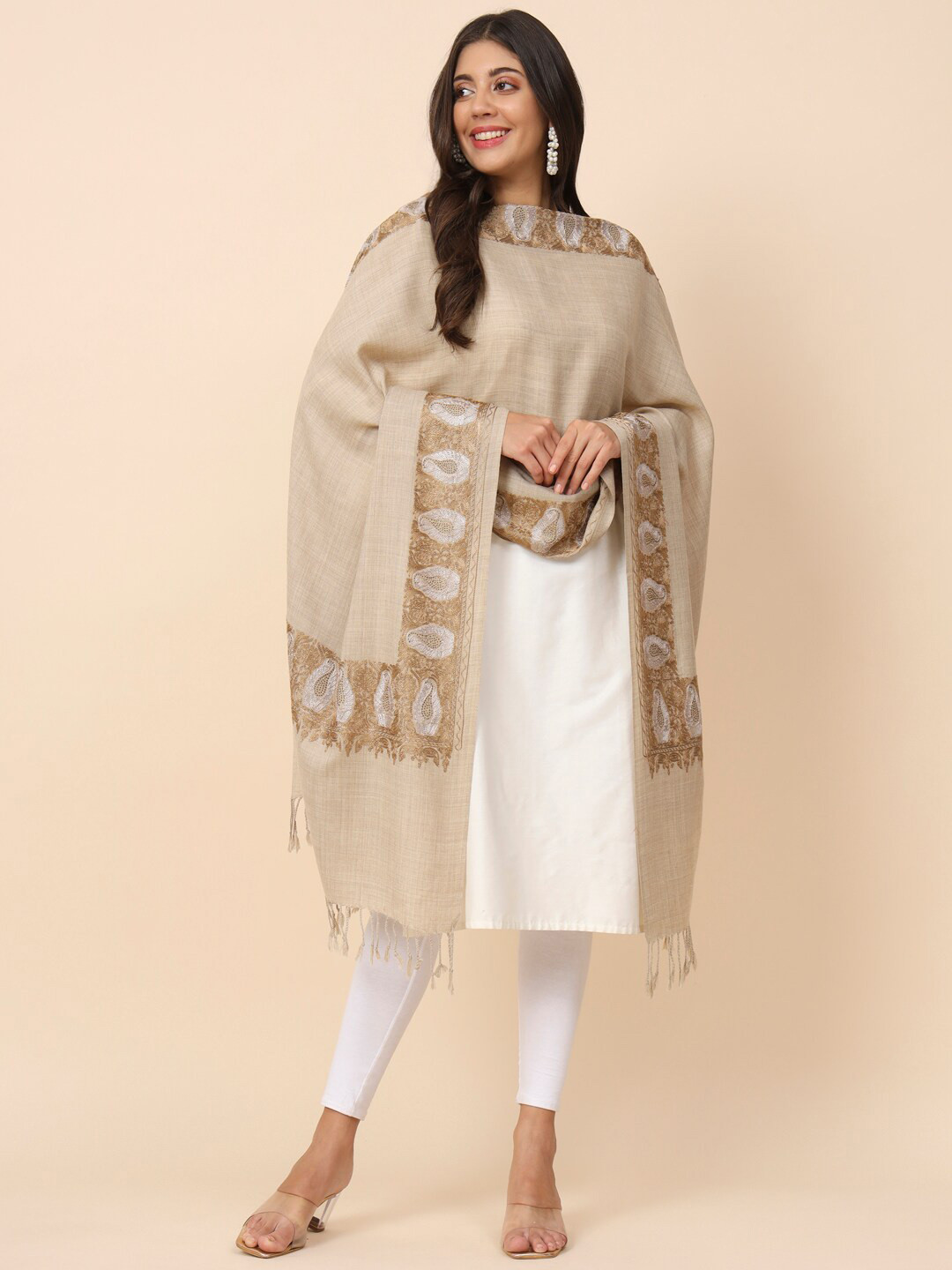 

Pashmoda Paisley Embroidered Shawl, Beige