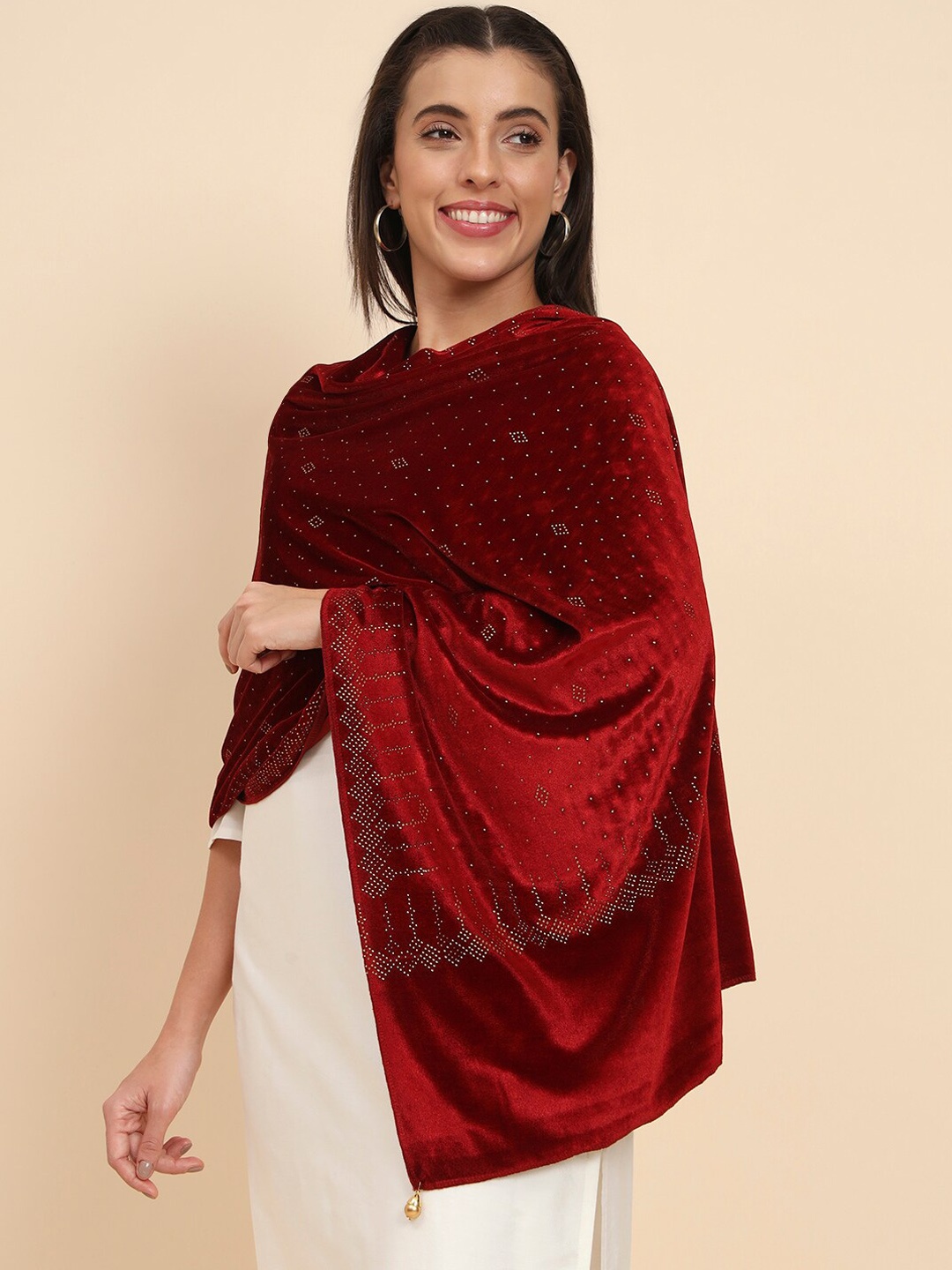 

Pashmoda Embellished Velvet Shawl, Maroon