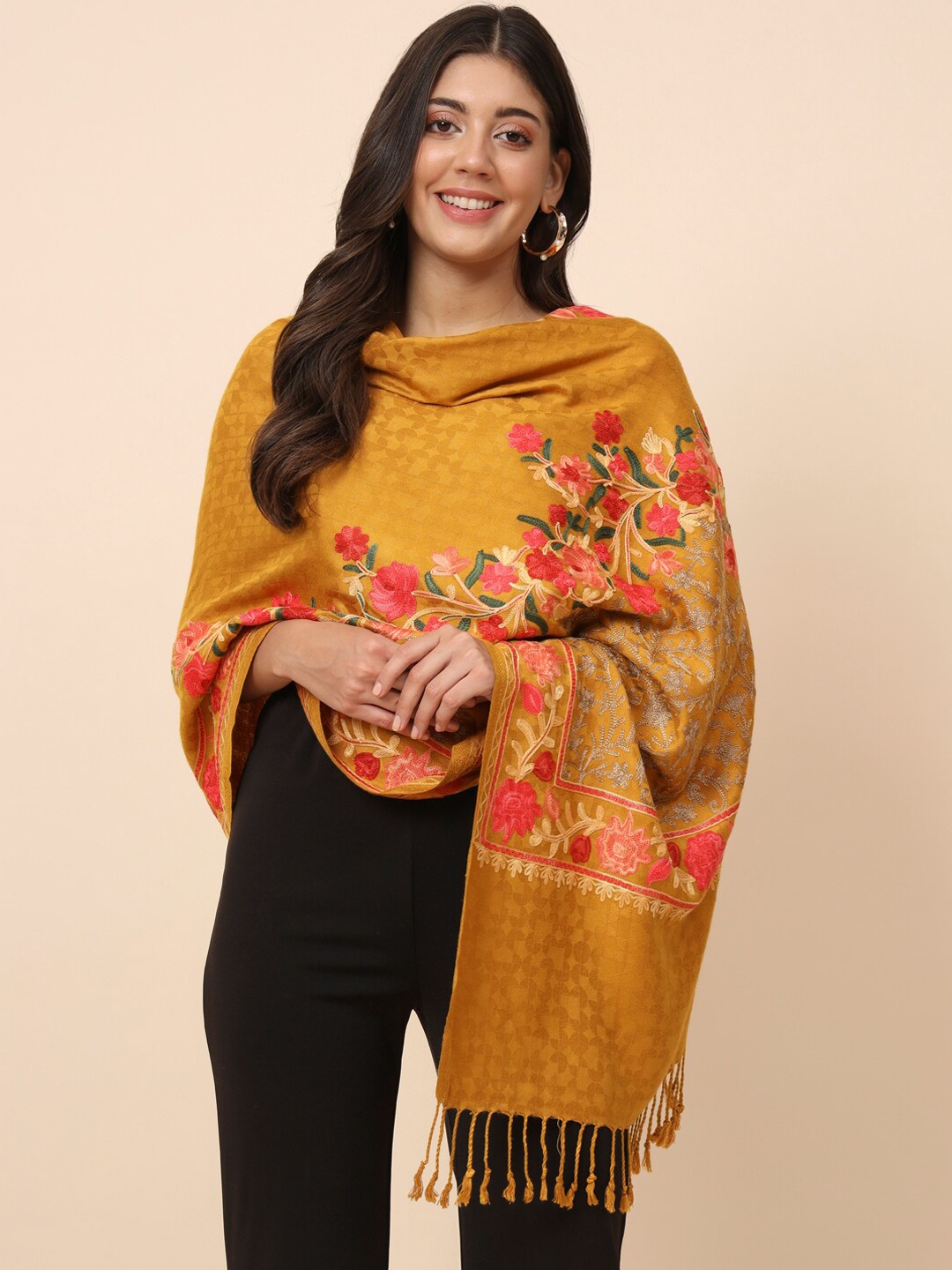 

Pashmoda Ethnic Motifs Embroidered Shawl, Mustard