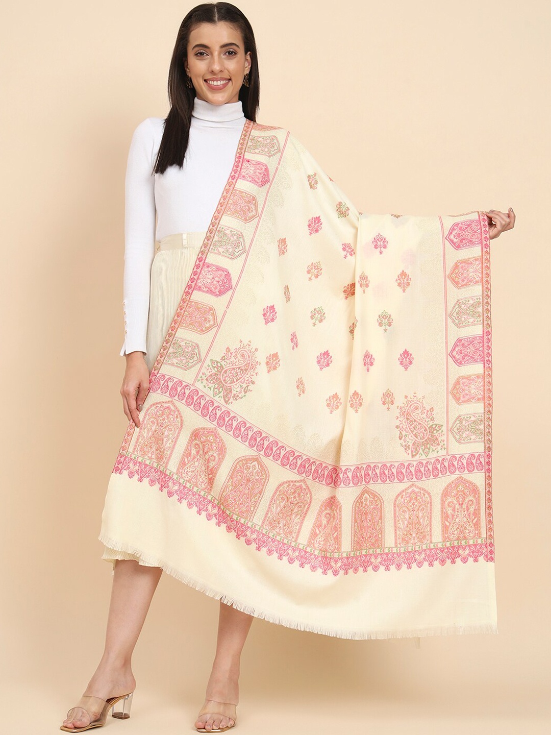 

Pashmoda Kaani Paisley Woven Design Shawl, Cream