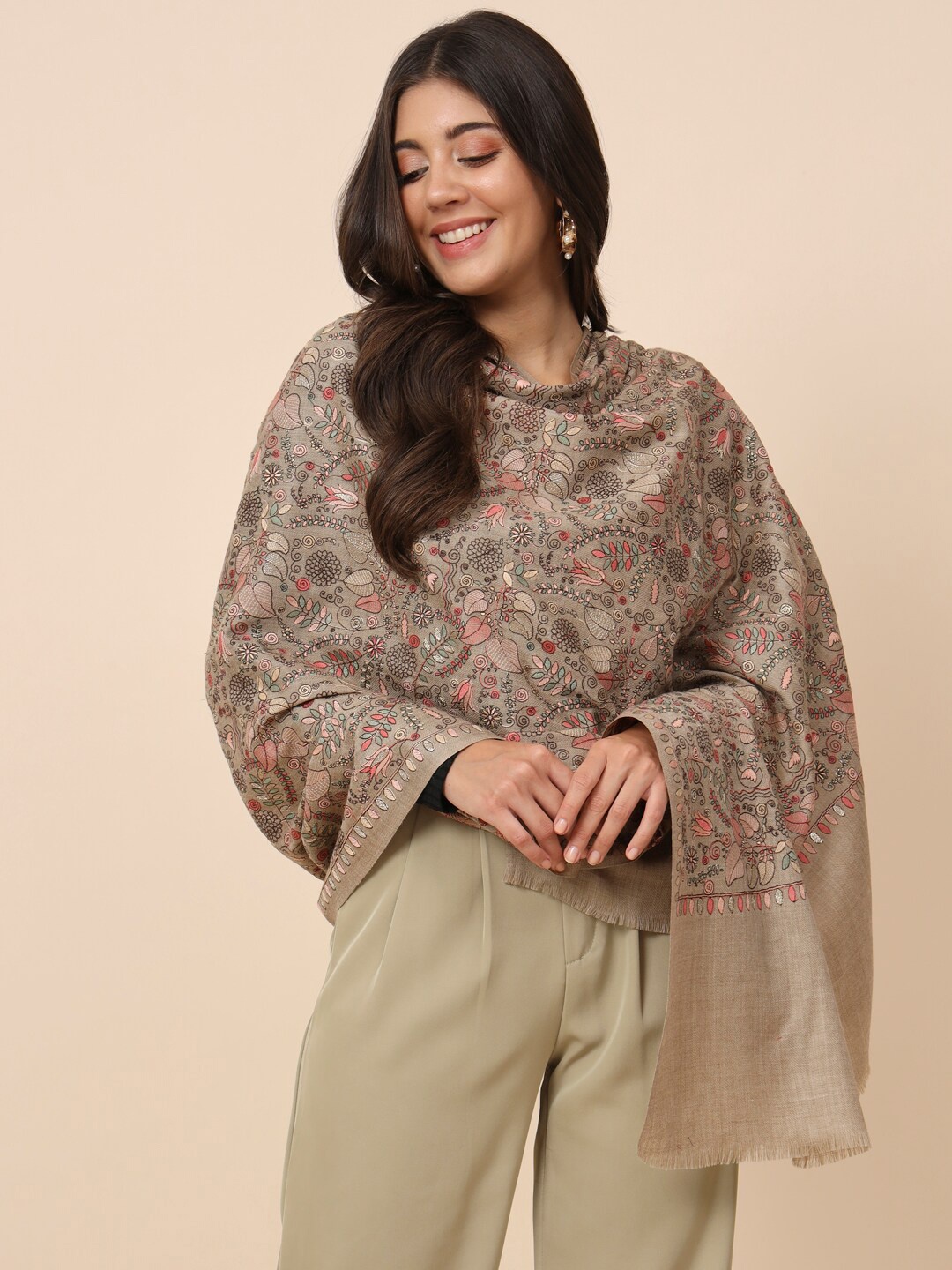 

Pashmoda Embroidered Pure Wool Shawl, Beige