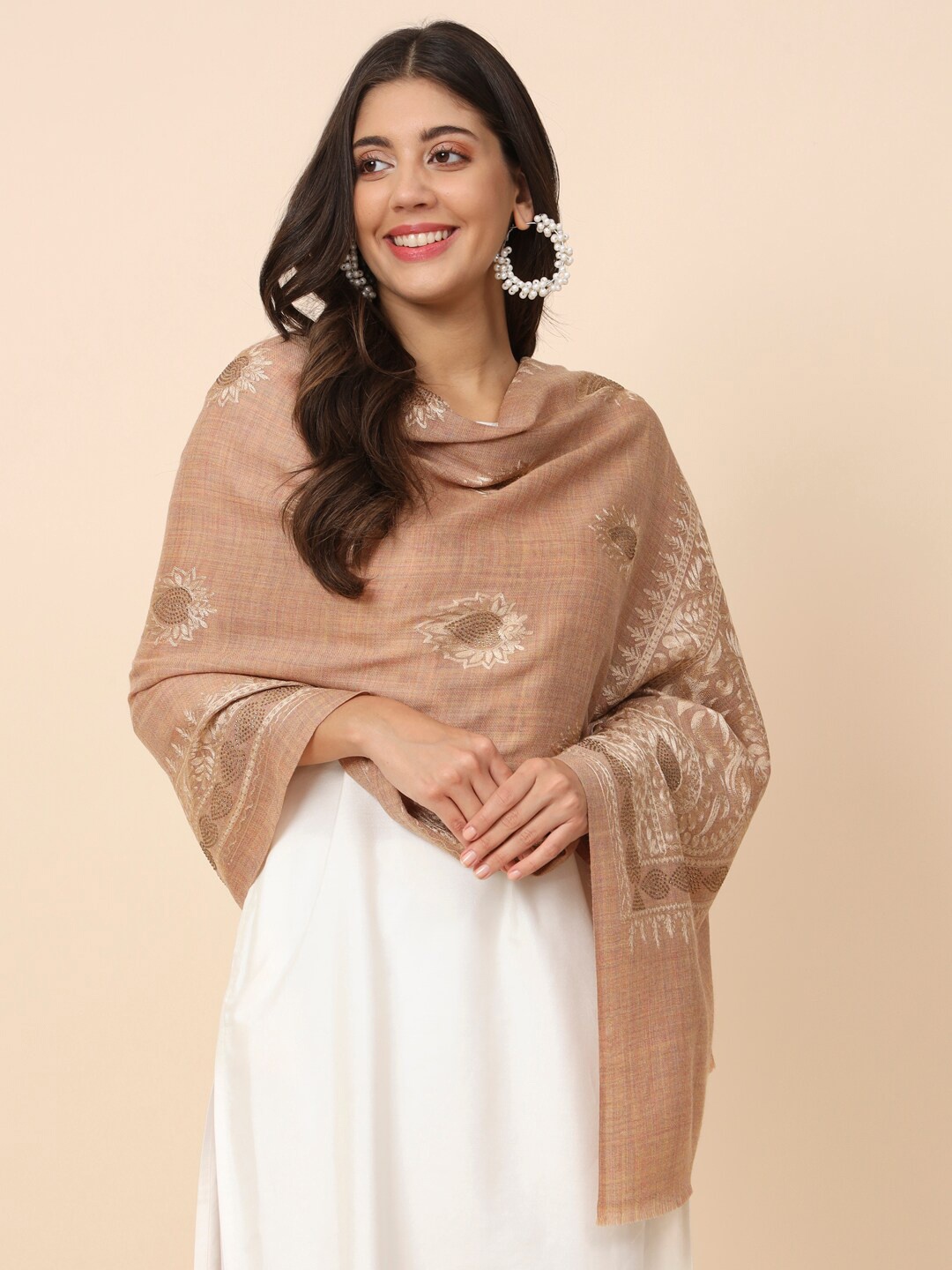 

Pashmoda Pure Wool Crystal Work Shawl, Beige