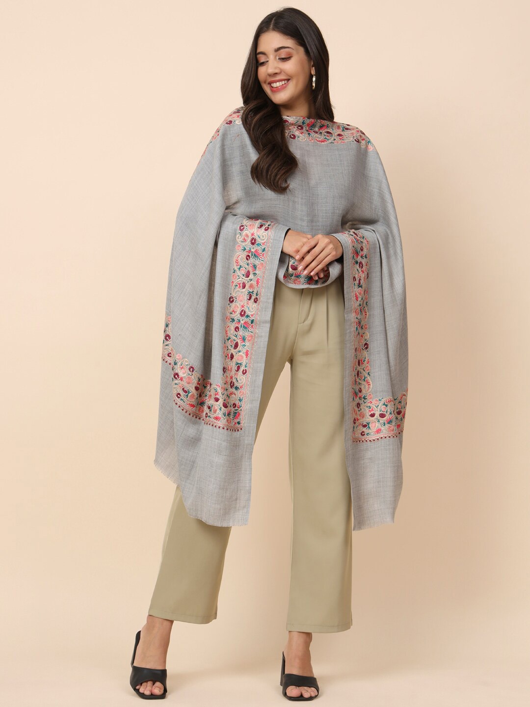 

Pashmoda Floral Embroidered Pure Wool Shawl, Grey