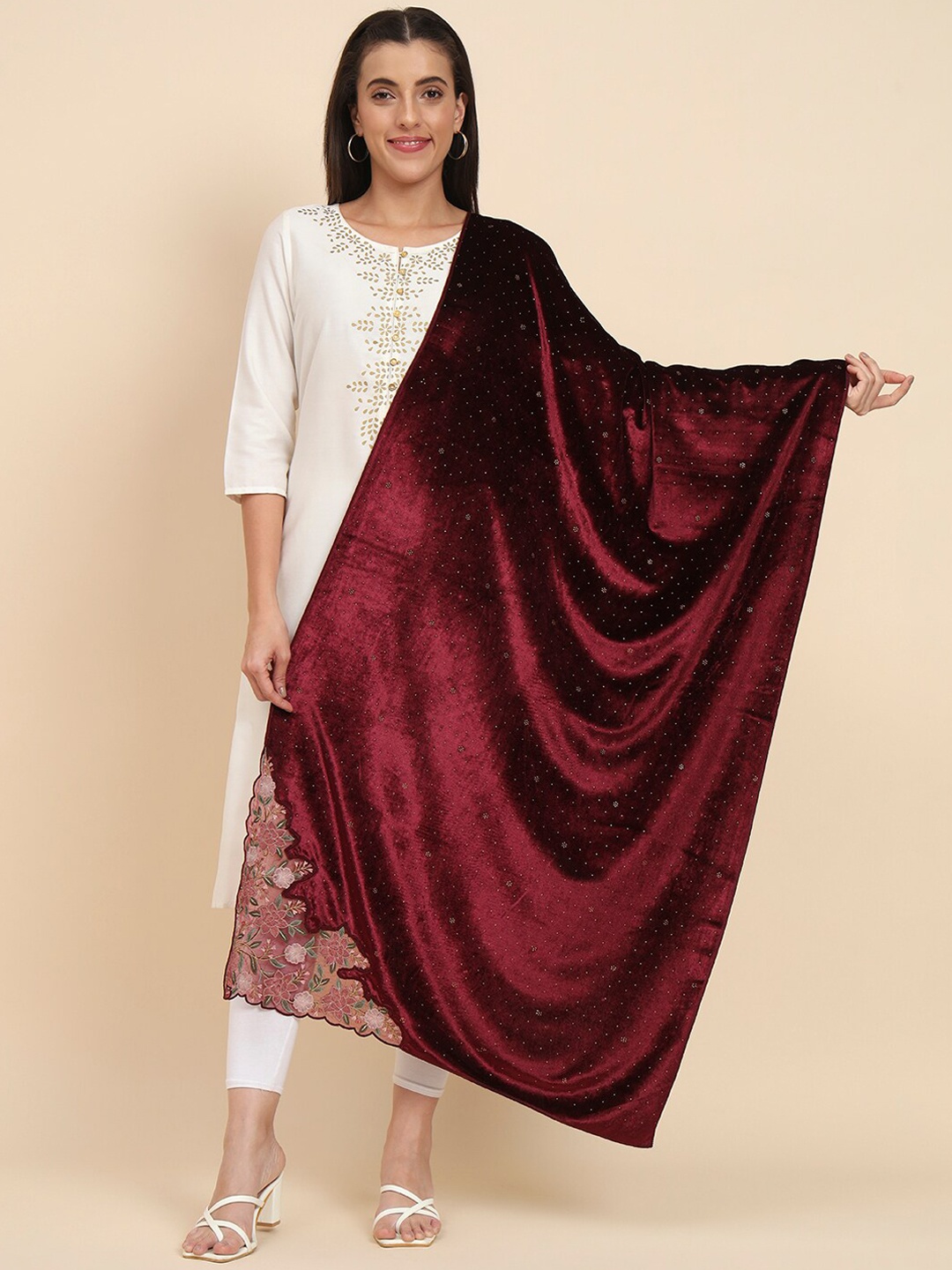 

Pashmoda Embroidered Velvet Shawl, Maroon