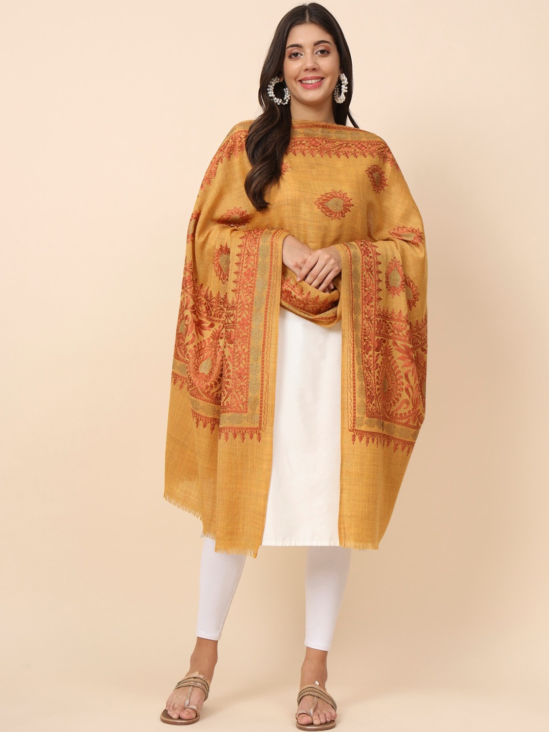 

Pashmoda Paisley Embroidered Pure Wool Shawl, Mustard