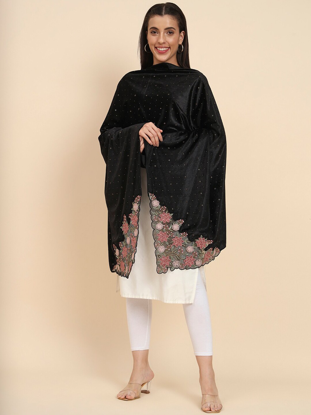 

Pashmoda Women Embroidered Pure Velvet Shawl, Black