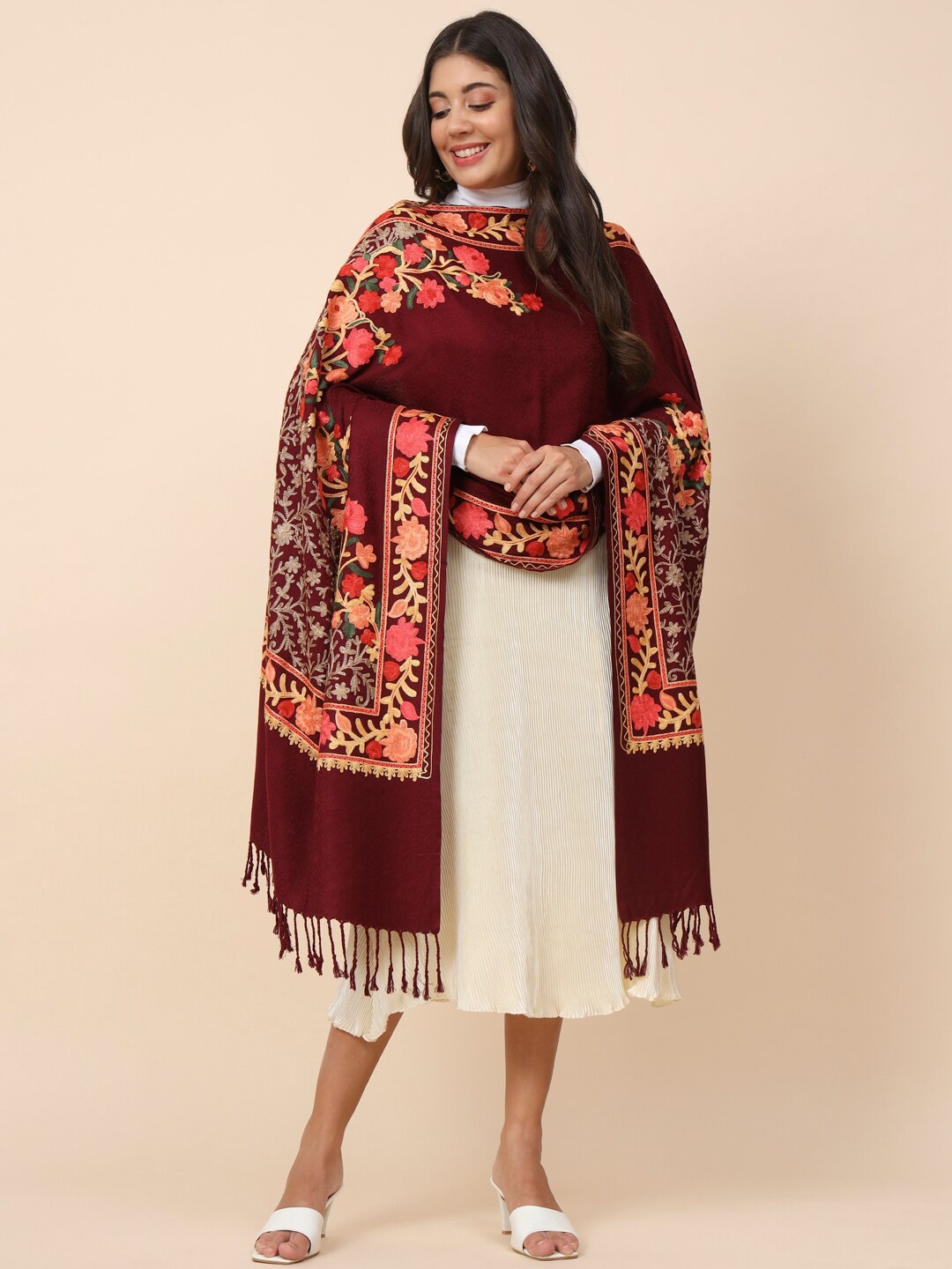 

Pashmoda Floral Embroidered Shawl, Maroon