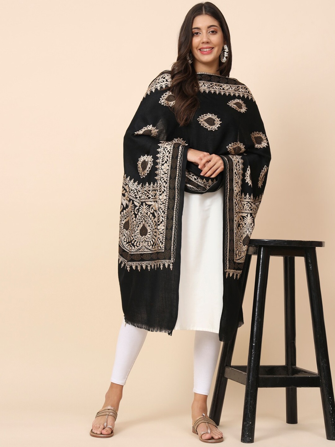 

Pashmoda Ethnic Motifs Embroidered Crystal Work Shawl, Black