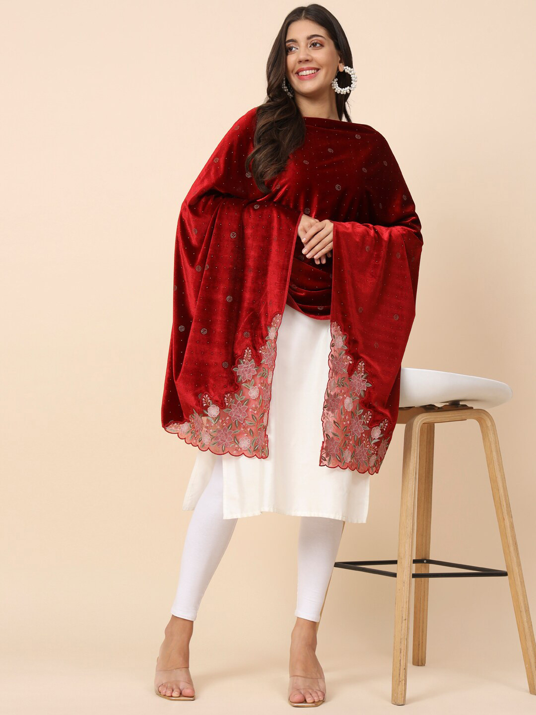 

Pashmoda Embroidered Velvet Shawl, Maroon