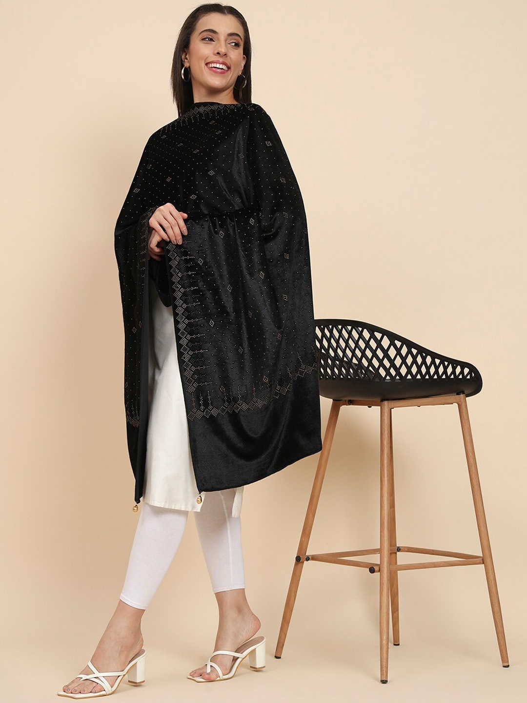 

Pashmoda Embellished Beads & Stones Velvet Shawl, Black