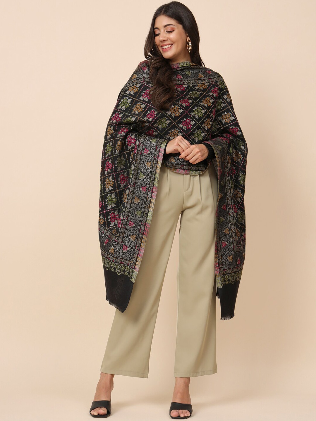 

Pashmoda Floral Kaani Woven Design Shawl, Black