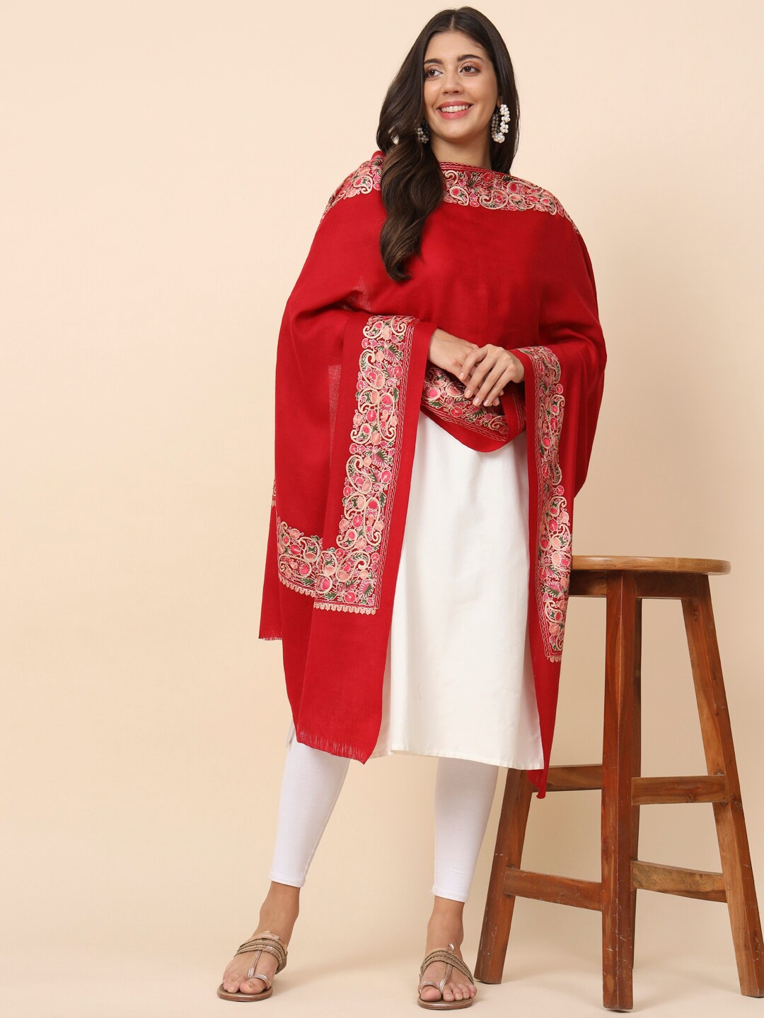 

Pashmoda Floral Embroidered Pure Woolen Shawl, Maroon