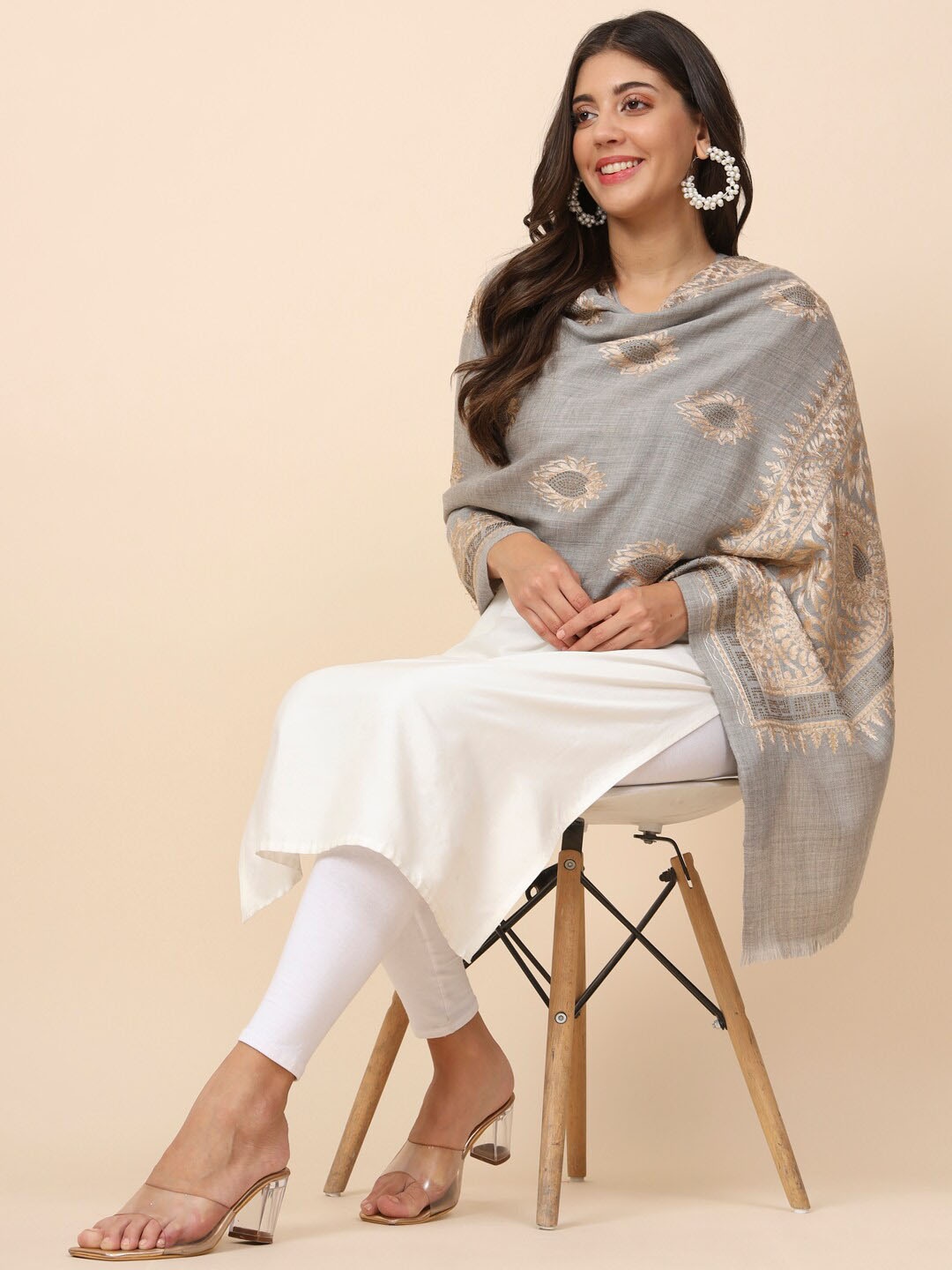 

Pashmoda Paisley Embroidered Pure Wool Shawl, Grey