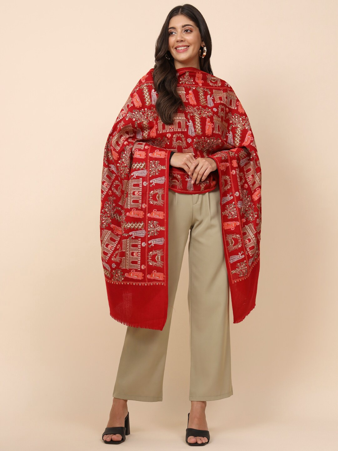 

Pashmoda Ethnic Motifs Embroidered Pure Wool Shawl, Red