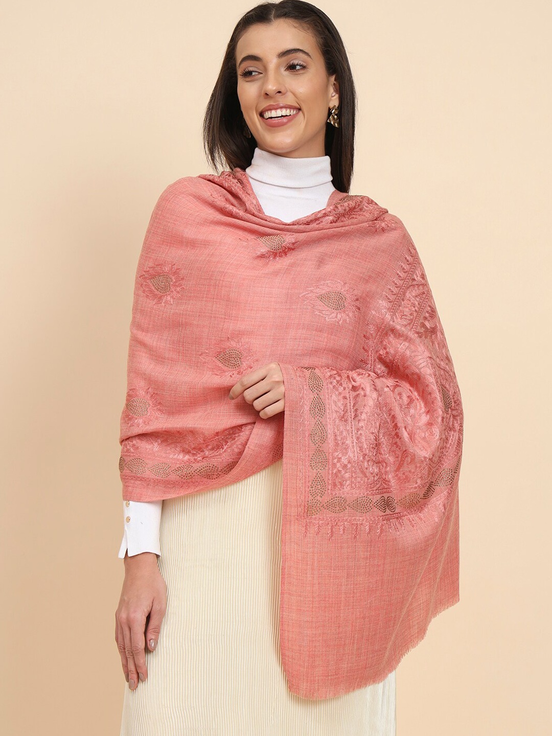 

Pashmoda Paisley Embroidered Woolen Shawl, Peach