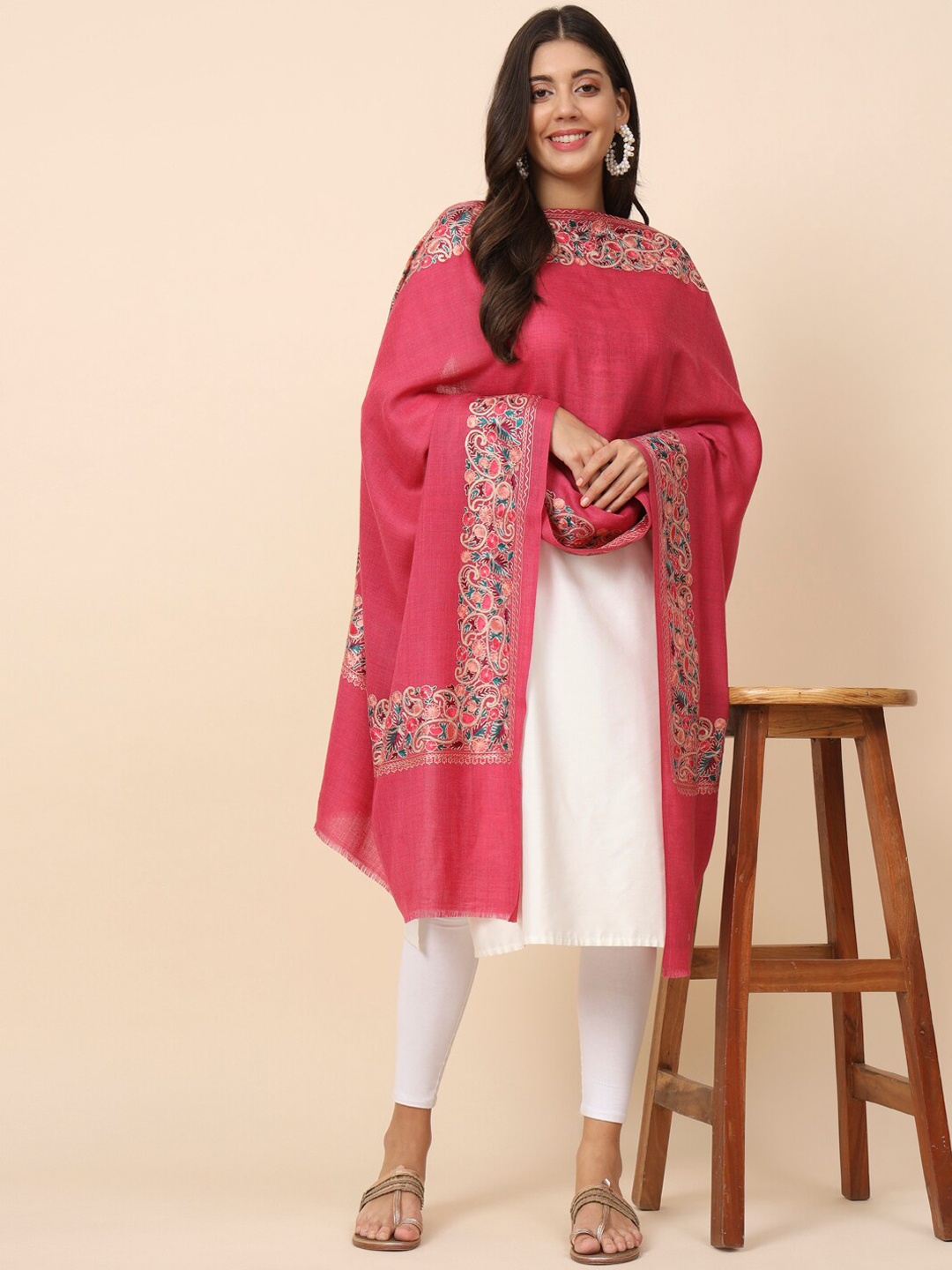 

Pashmoda Women Embroidered Woolen Shawl, Pink