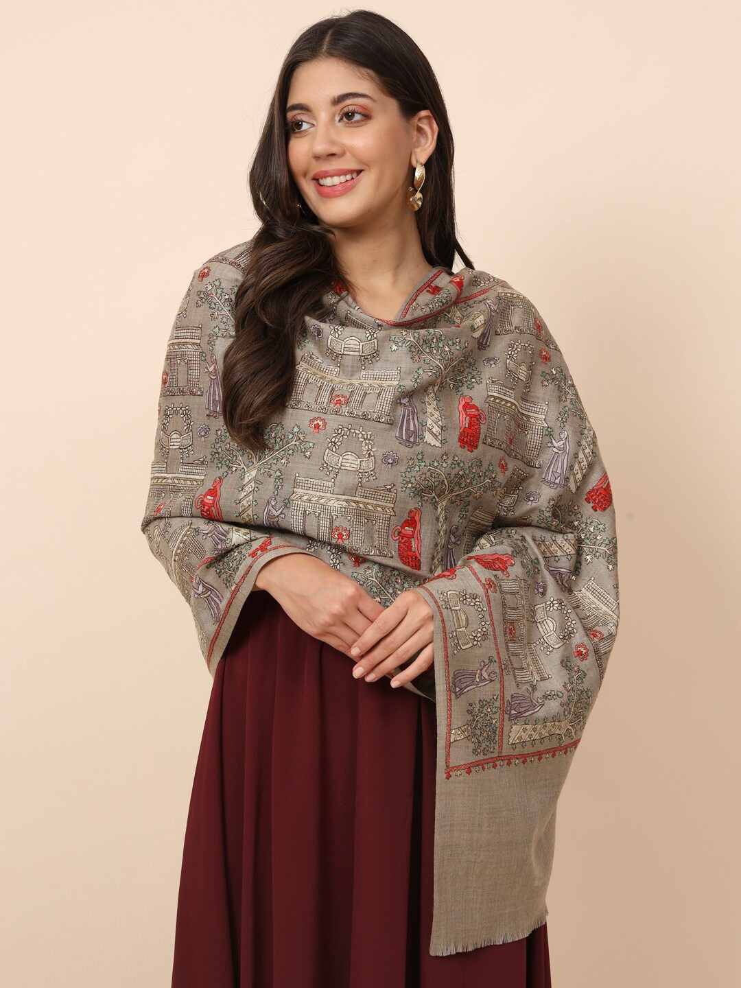 

Pashmoda Ethnic Motifs Embroidered Woolen Shawl, Beige