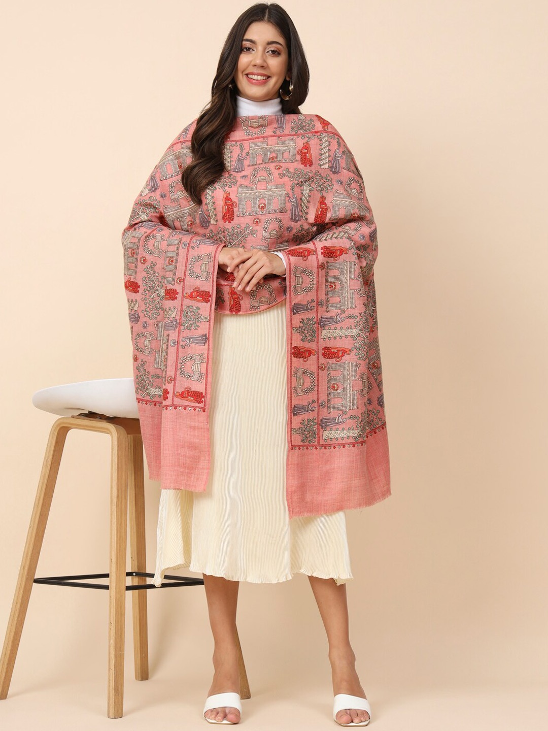 

Pashmoda Ethnic Motifs Embroidered Woolen Shawl, Pink