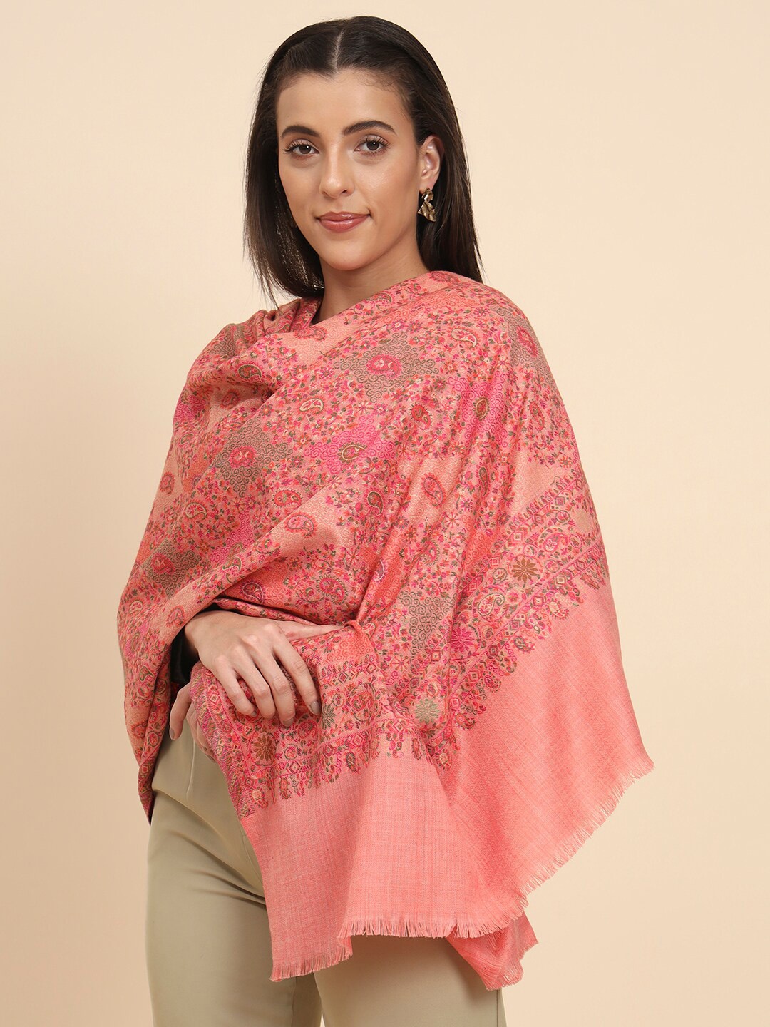 

Pashmoda Women Kaani Woven Design Shawl, Peach