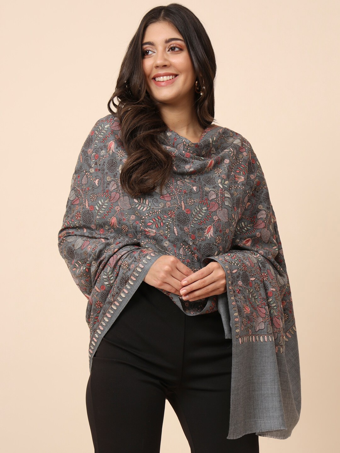 

Pashmoda Women Floral Embroidered Pure Woollen Shawl, Grey