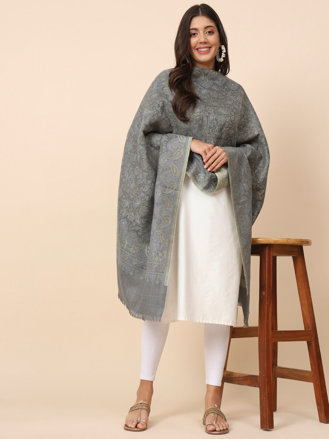 

Pashmoda Ethnic Motifs Woven Design Shawl, Grey
