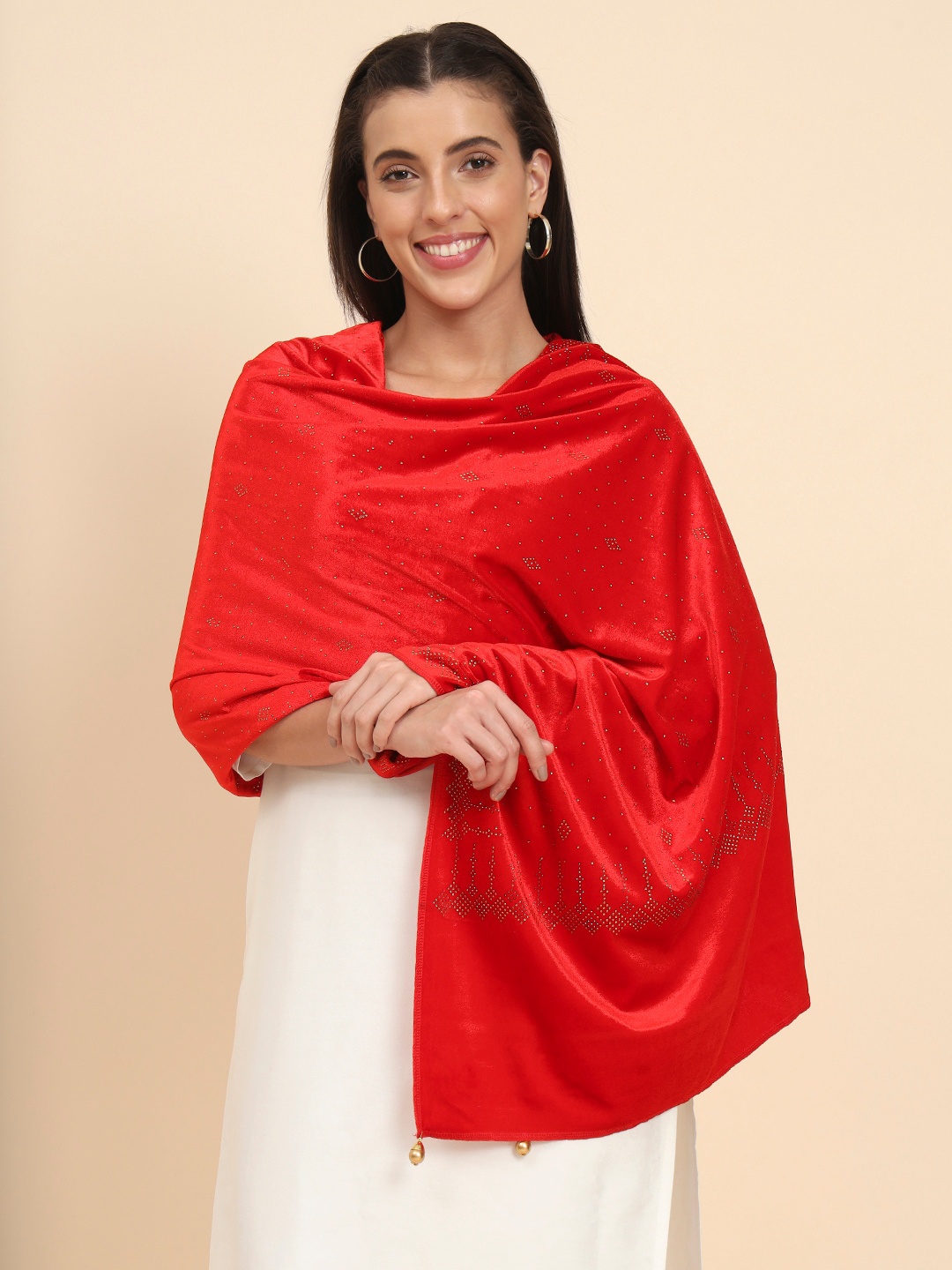 

Pashmoda Crystal Work Velvet Shawl, Red