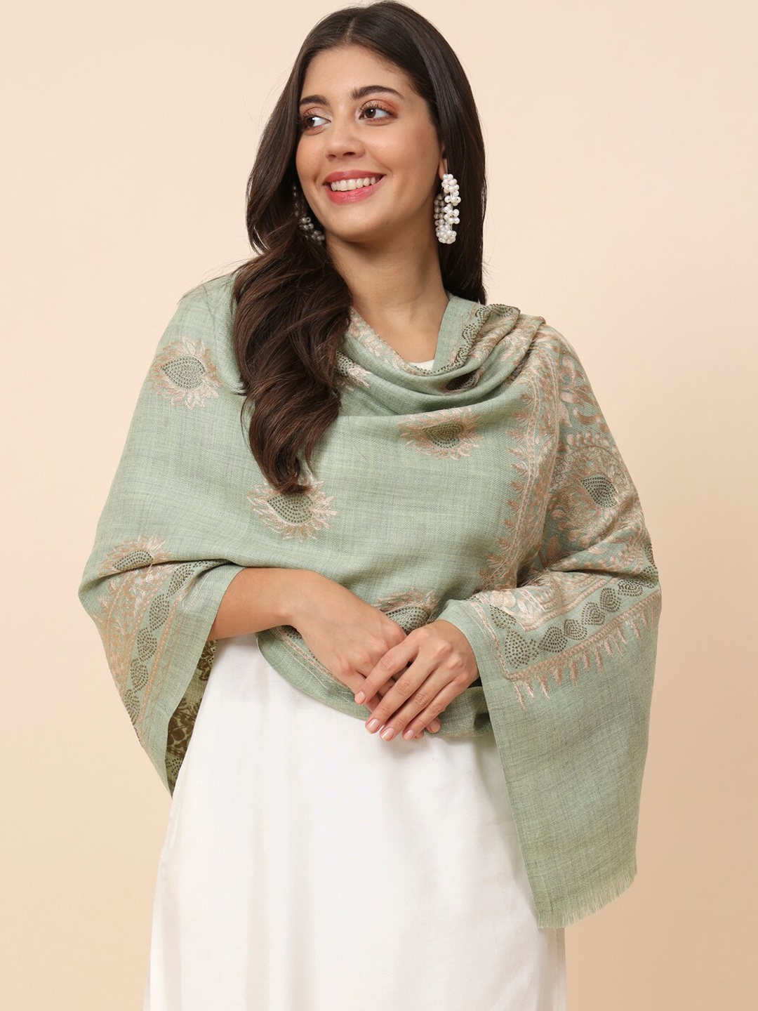 

Pashmoda Ethnic Motifs Embroidered Woollen Shawl, Green