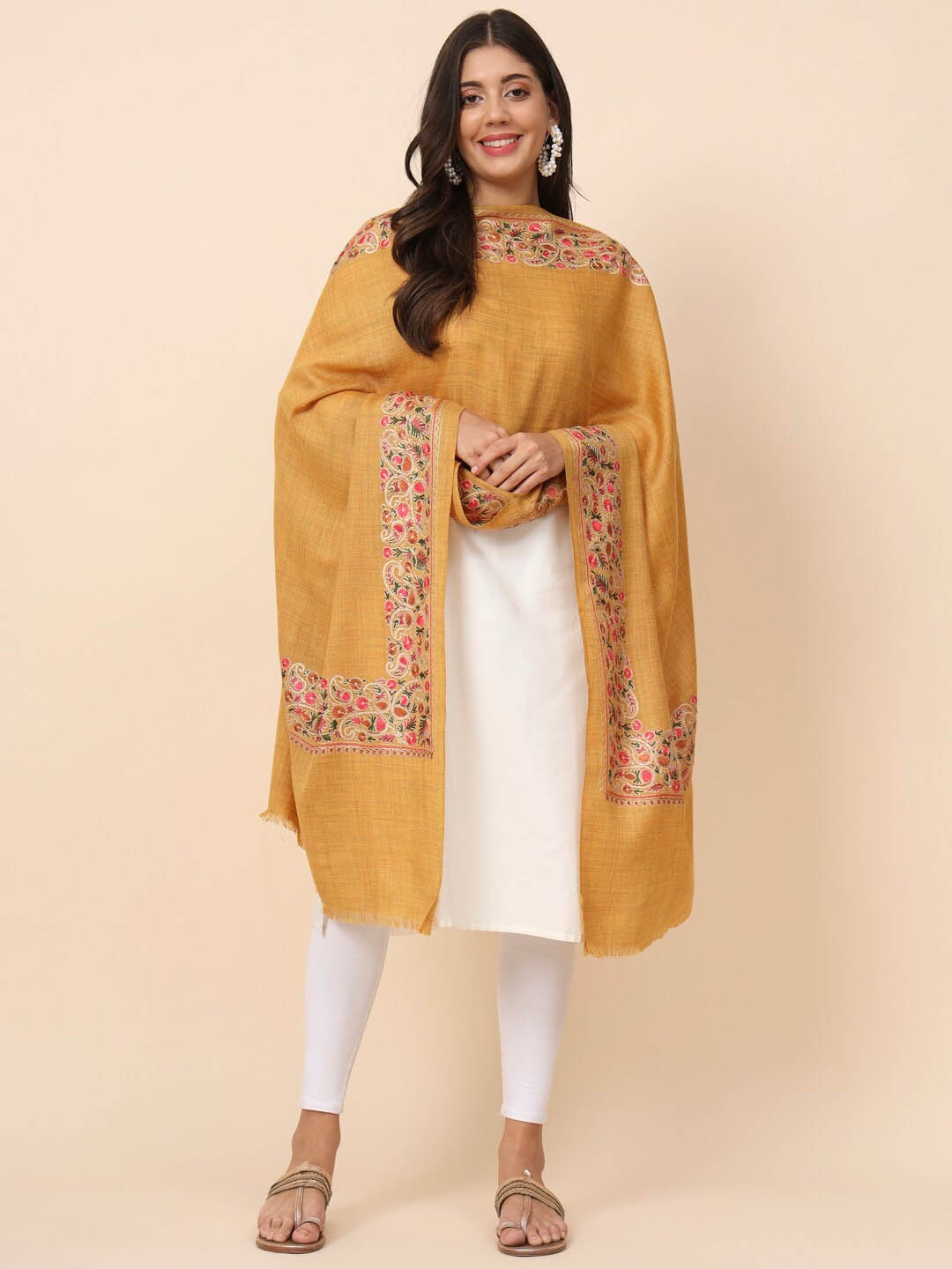 

Pashmoda Floral Embroidered Pure Wool Shawl, Yellow