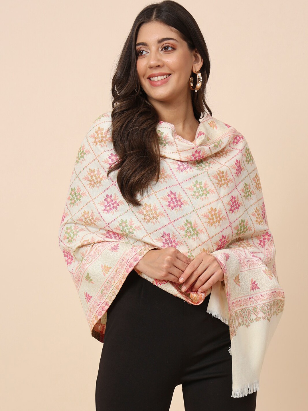 

Pashmoda Floral Woven Design Shawl, White