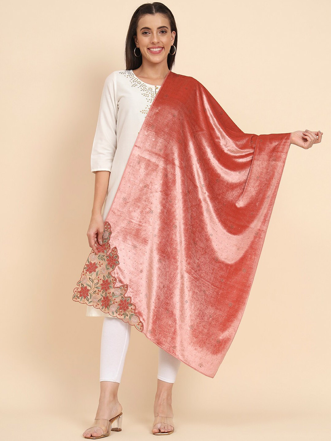 

Pashmoda Velvet Embellished & Embroidered Shawl, Peach