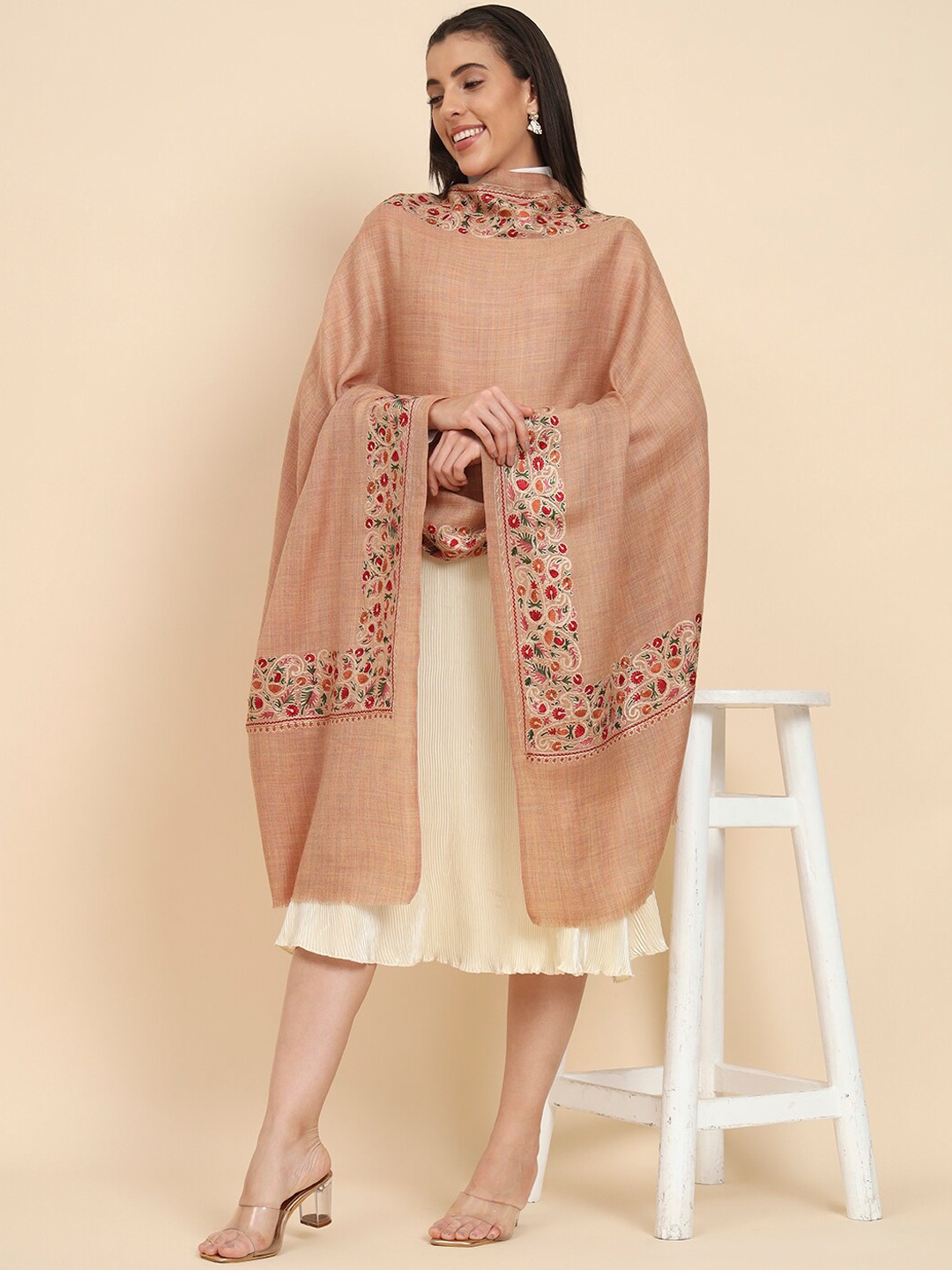 

Pashmoda Floral Embroidered Woolen Shawl, Beige