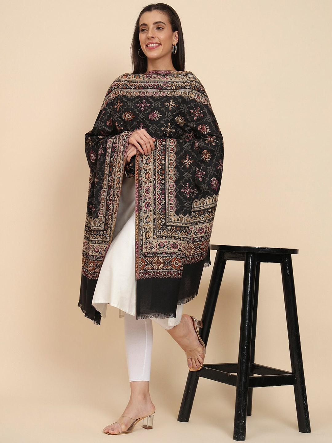 

Pashmoda Ethnic Motifs Woven Design Shawl, Black