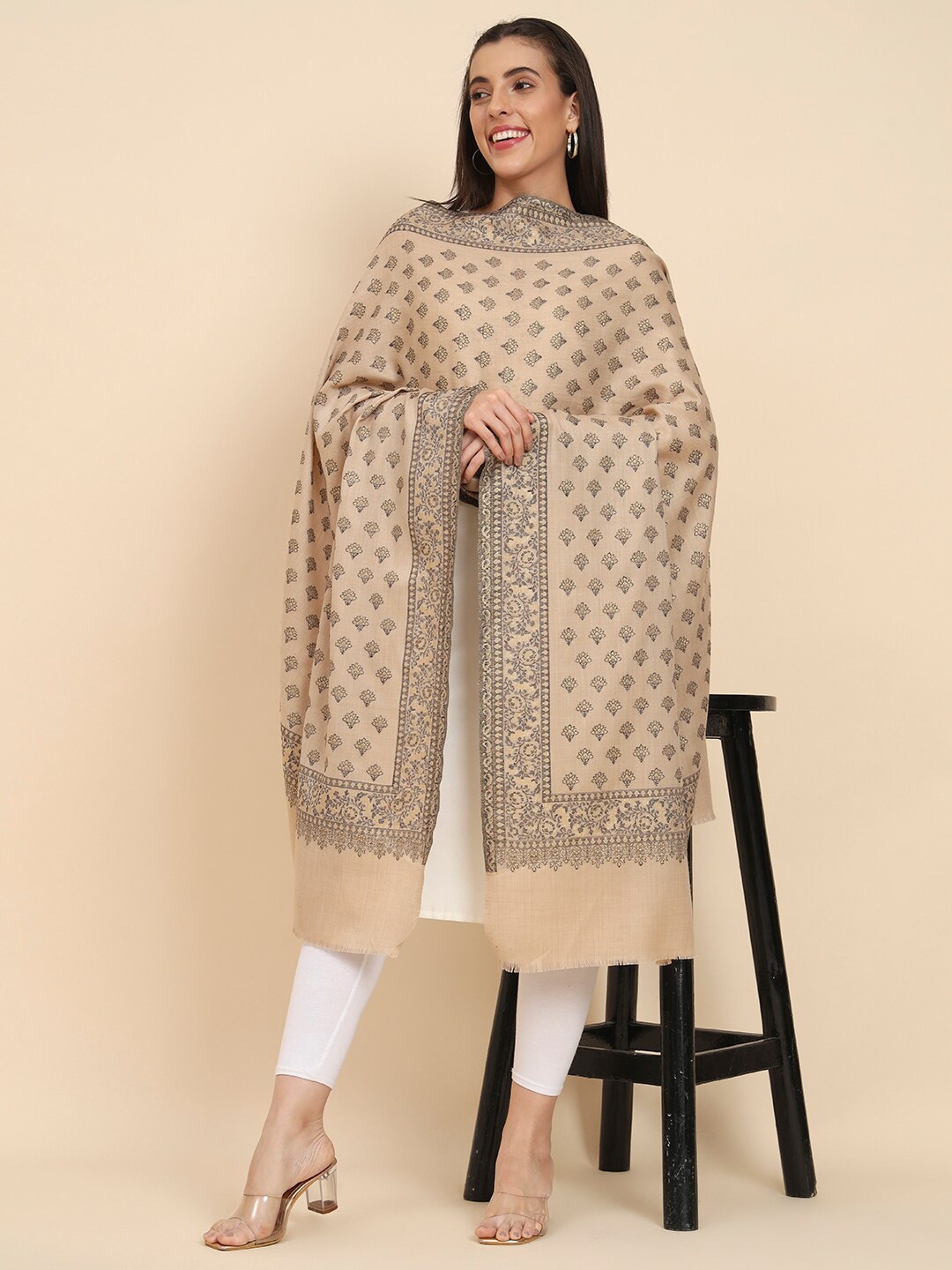 

Pashmoda Floral Woven Design Shawl, Beige