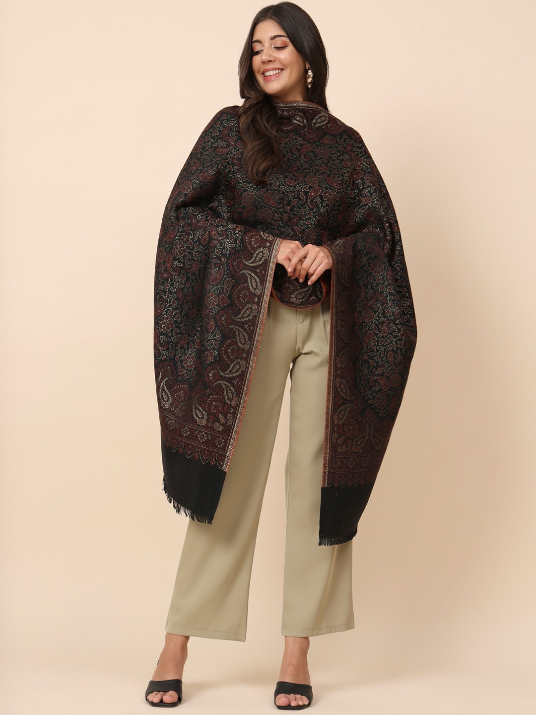 

Pashmoda Women Zari Woven Design Shawl, Black