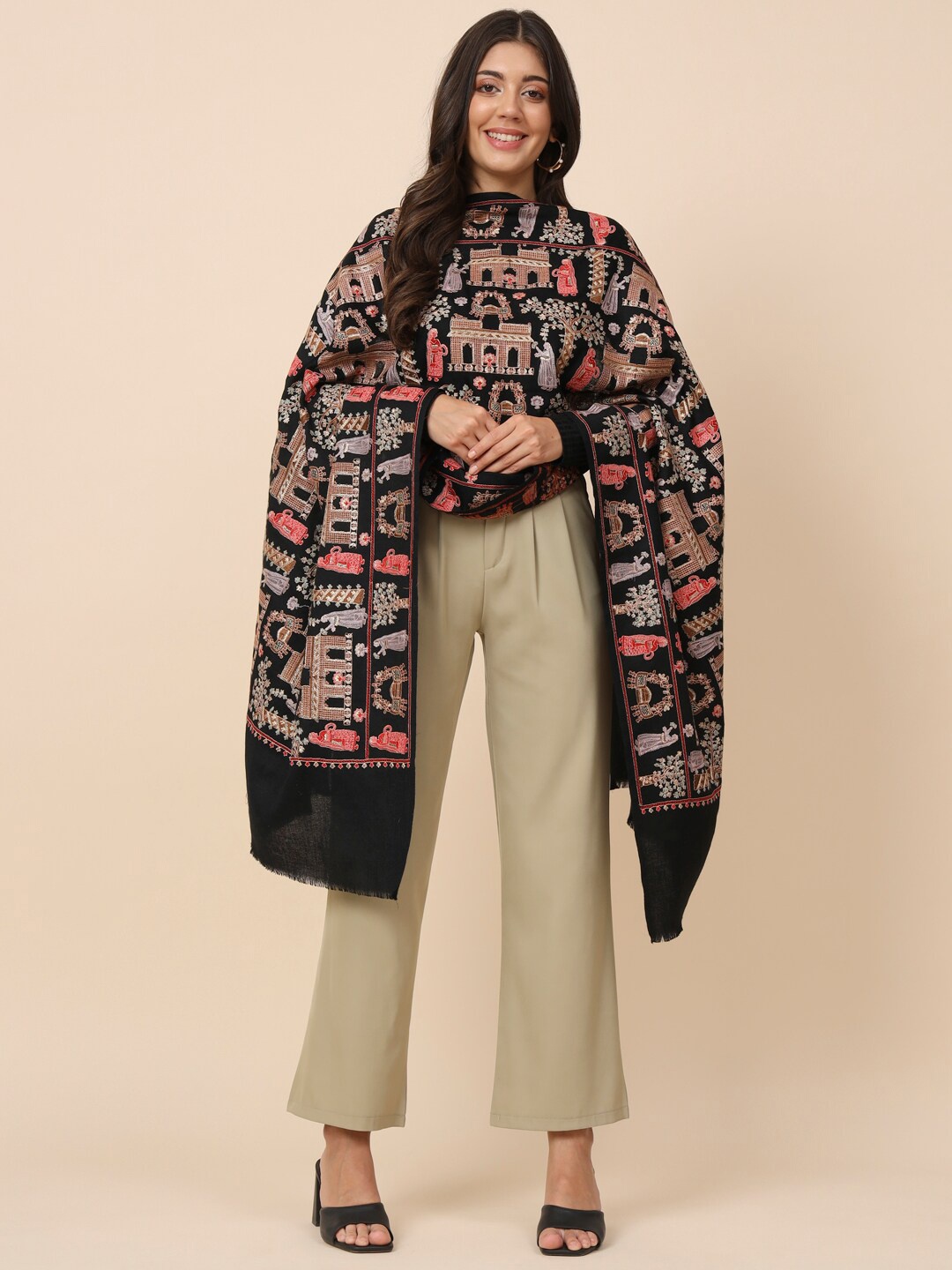 

Pashmoda Ethnic Motifs Embroidered Pure Wool Shawl, Black